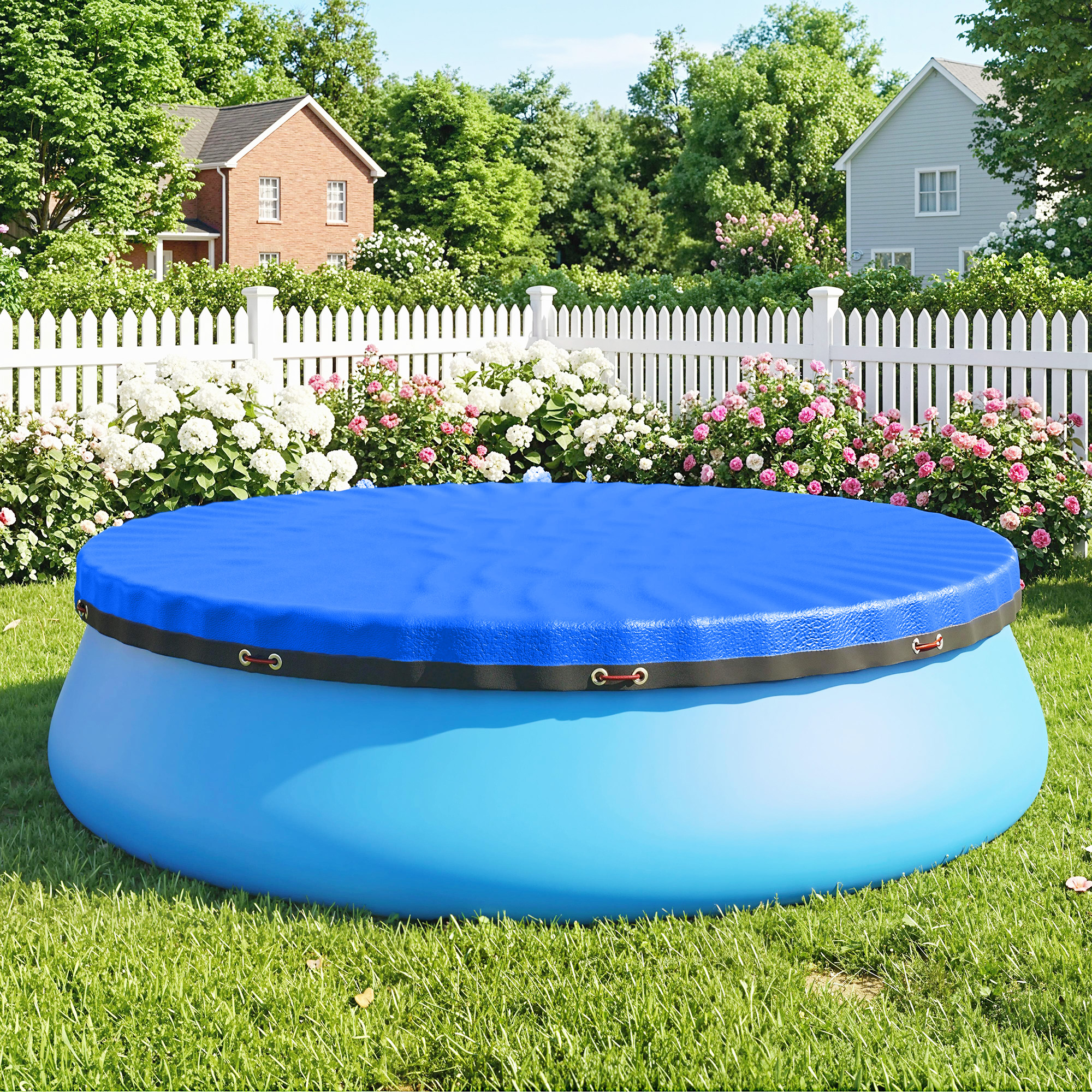 Poolabdeckung rund Ø 450 cm staub- und wasserdichte Abdeckplane mit Sicherungsseil Spanner für Sommer & Winter, Blau