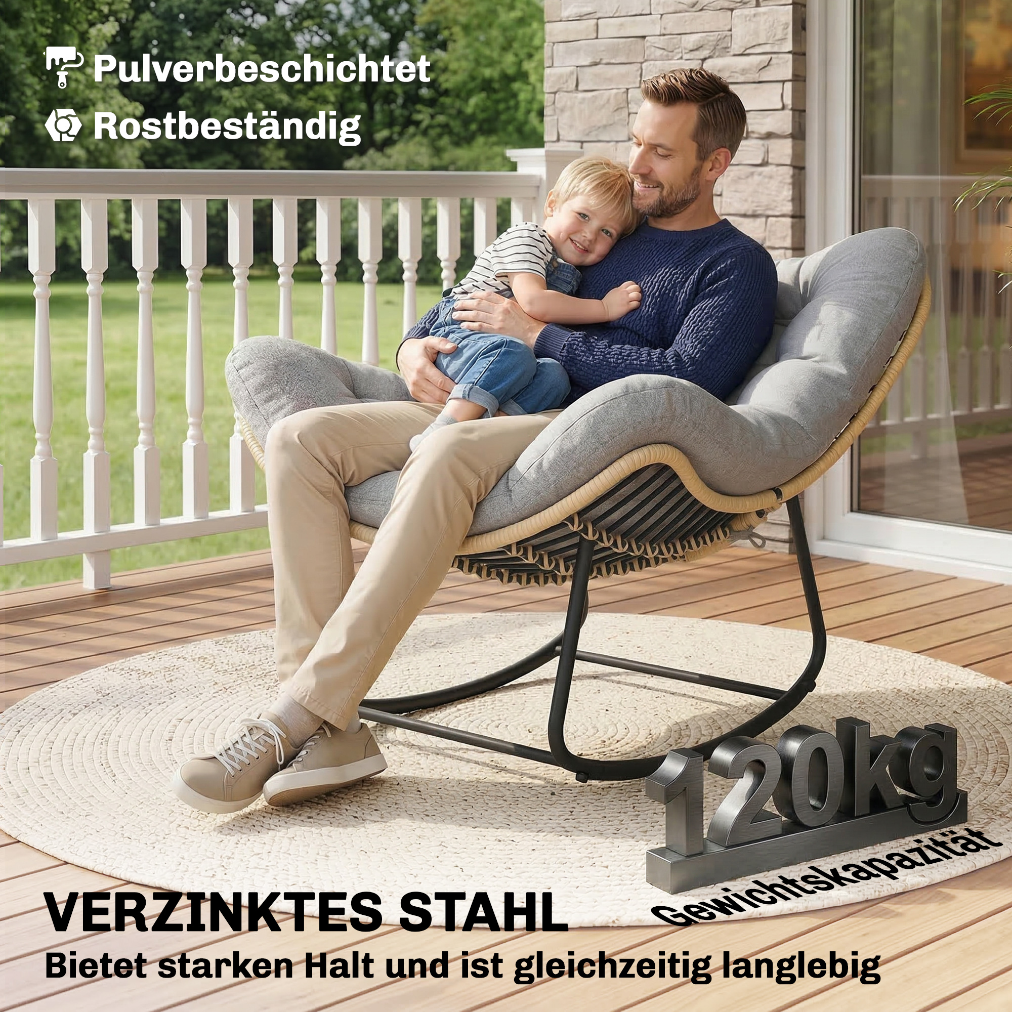 Rattan Schaukelstuhl Gartenliege mit dicke Kissen, Gartenschaukel bis 120 kg Indoor Outdoor 87 x 110 x 70 cm Grau