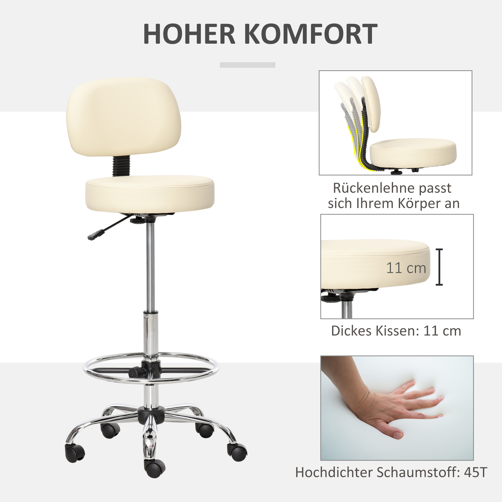 Barhocker Drehstuhl Höheverstellbarer Barstuhl mit Rollen aus Kunstleder-Leder Arbeitshocker Bürohocker 360° schwenkbar mit Lehne Gepolstertet Beige 56 x 57 x 104-127 cm