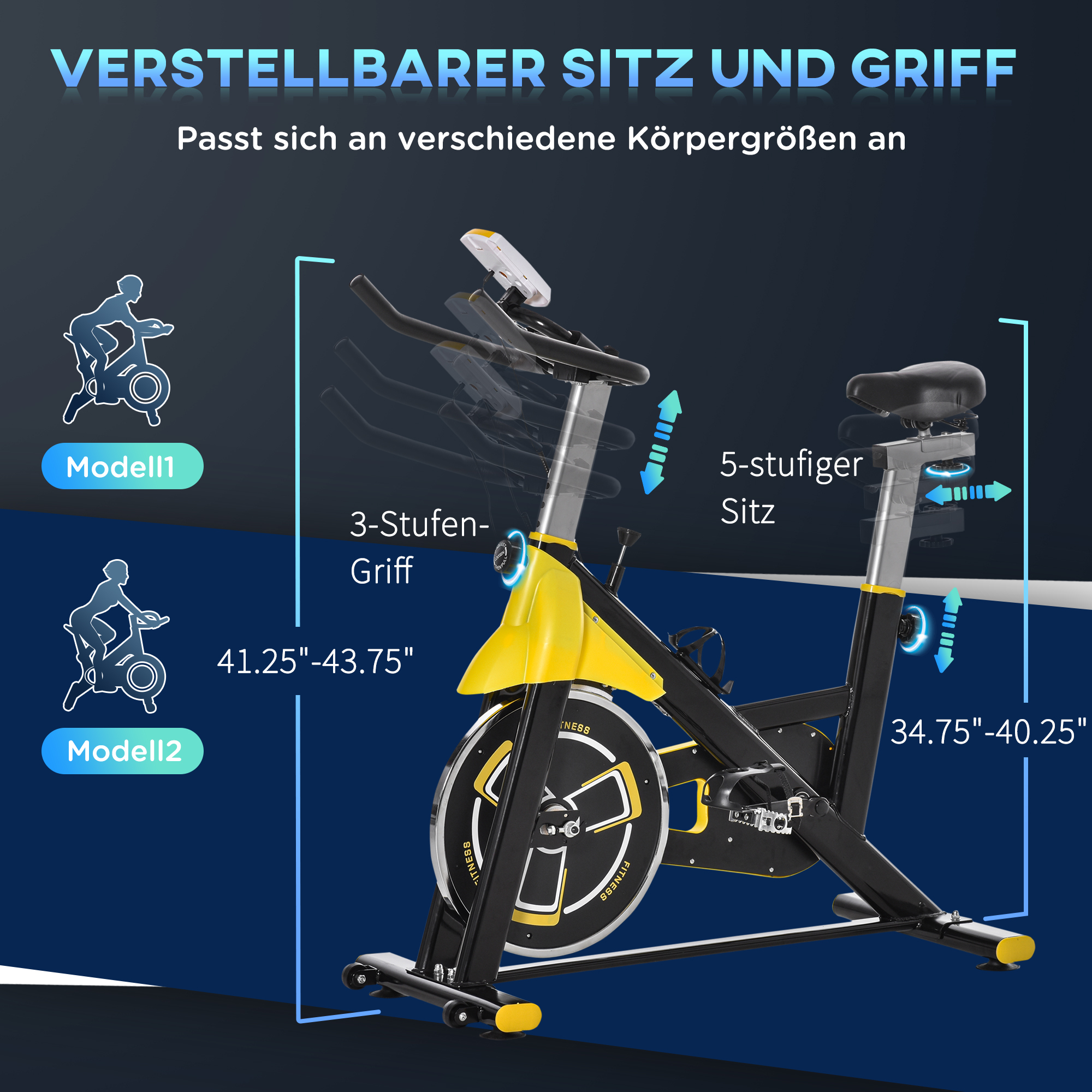Fahrradtrainer höhenverstellbarer Heimtrainer Fitnessfahrrad Rollentrainer mit Riemenantrieb LCD-Display Stahl ABS Gelb+Schwarz 45,5 x 100 x 101-113 cm