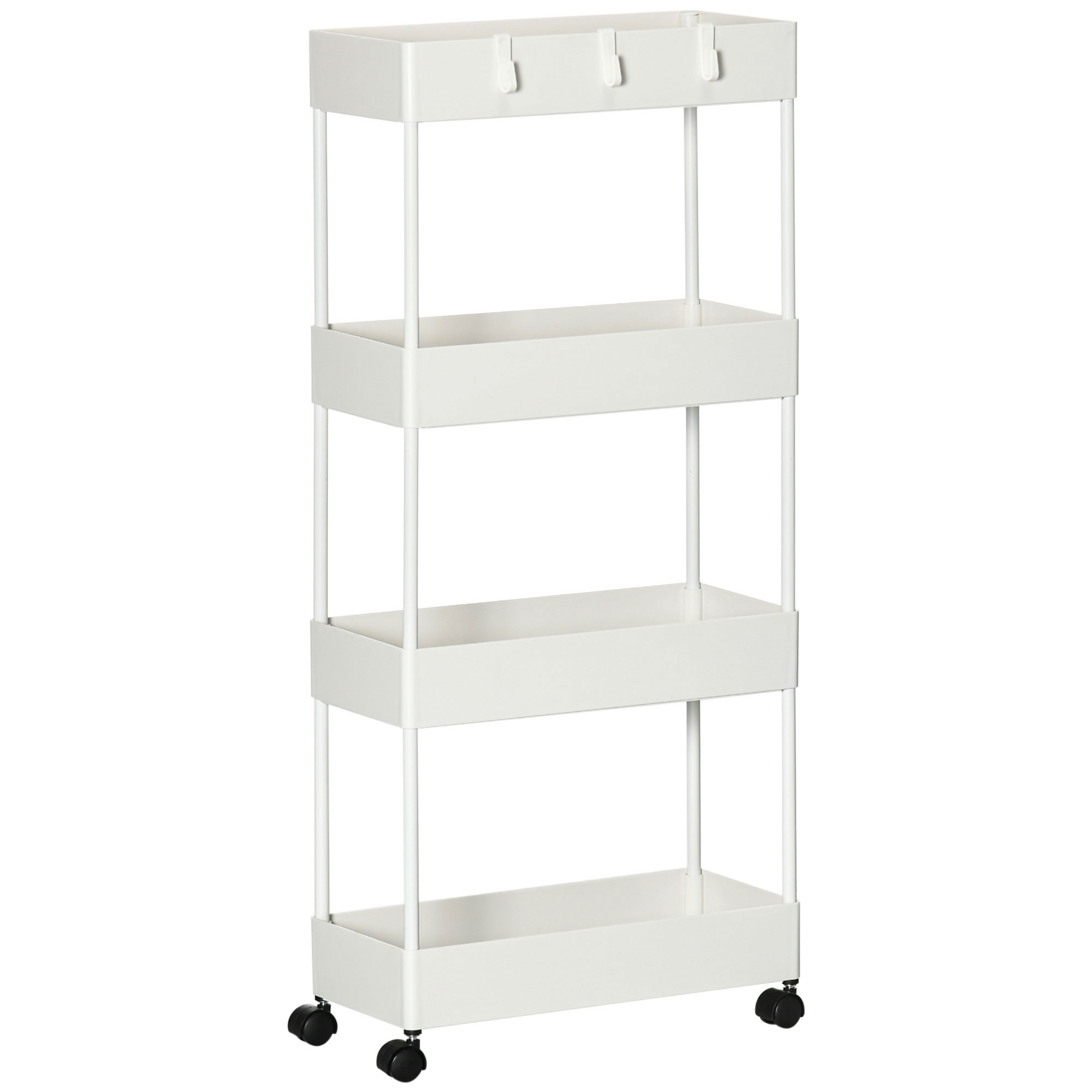 Küchenwagen mit 4 Regalen, 4 flexiblen Haken, 4 Rollen, 40 cm x 19 cm x 90 cm, Nischenwagen, Weiß Küchenwagen mit 4 Regalen, 4 flexiblen Haken, 4 Rollen, 40 cm x 19 cm x 90 cm, Nischenwagen, Weiß
