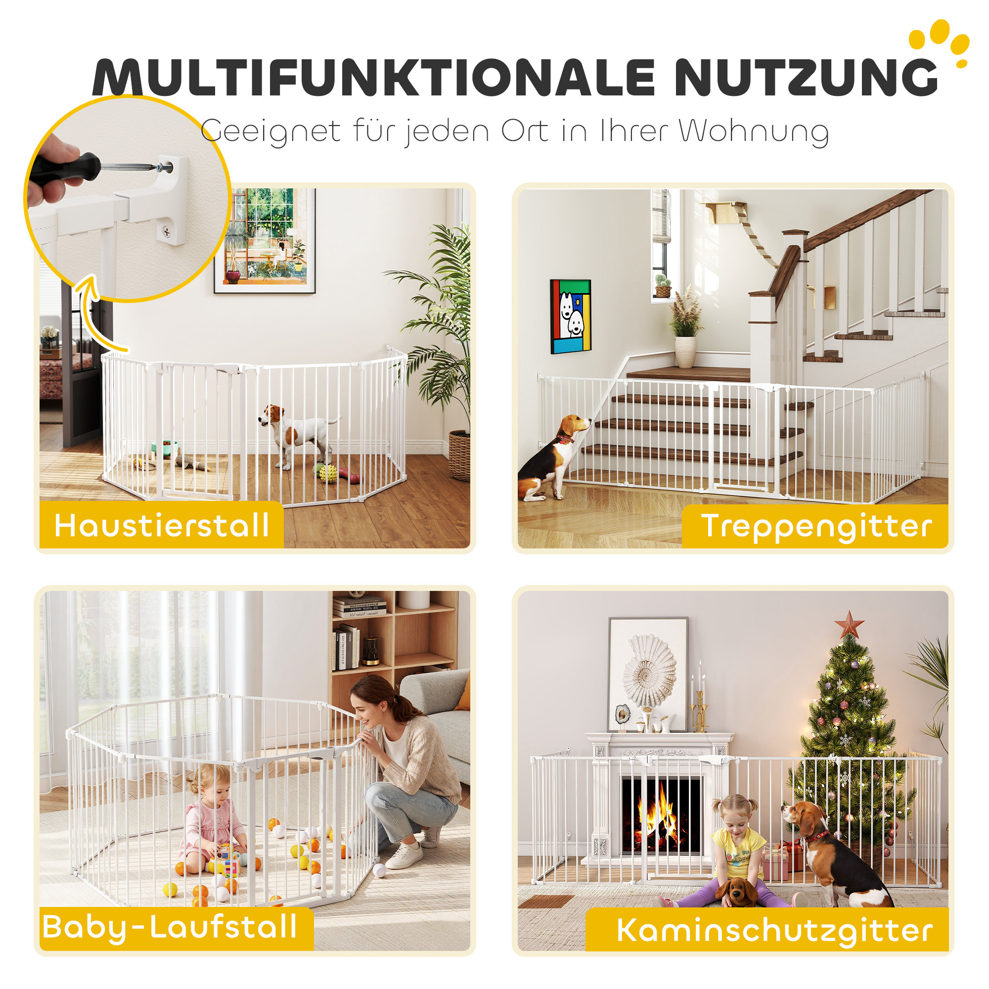 Haustierzaun, 6-Panel-Barriere mit Tür, faltbar, für kleine & mittelgroße Hunde, Kunststoff, Kohlenstoffstahl, Weiß