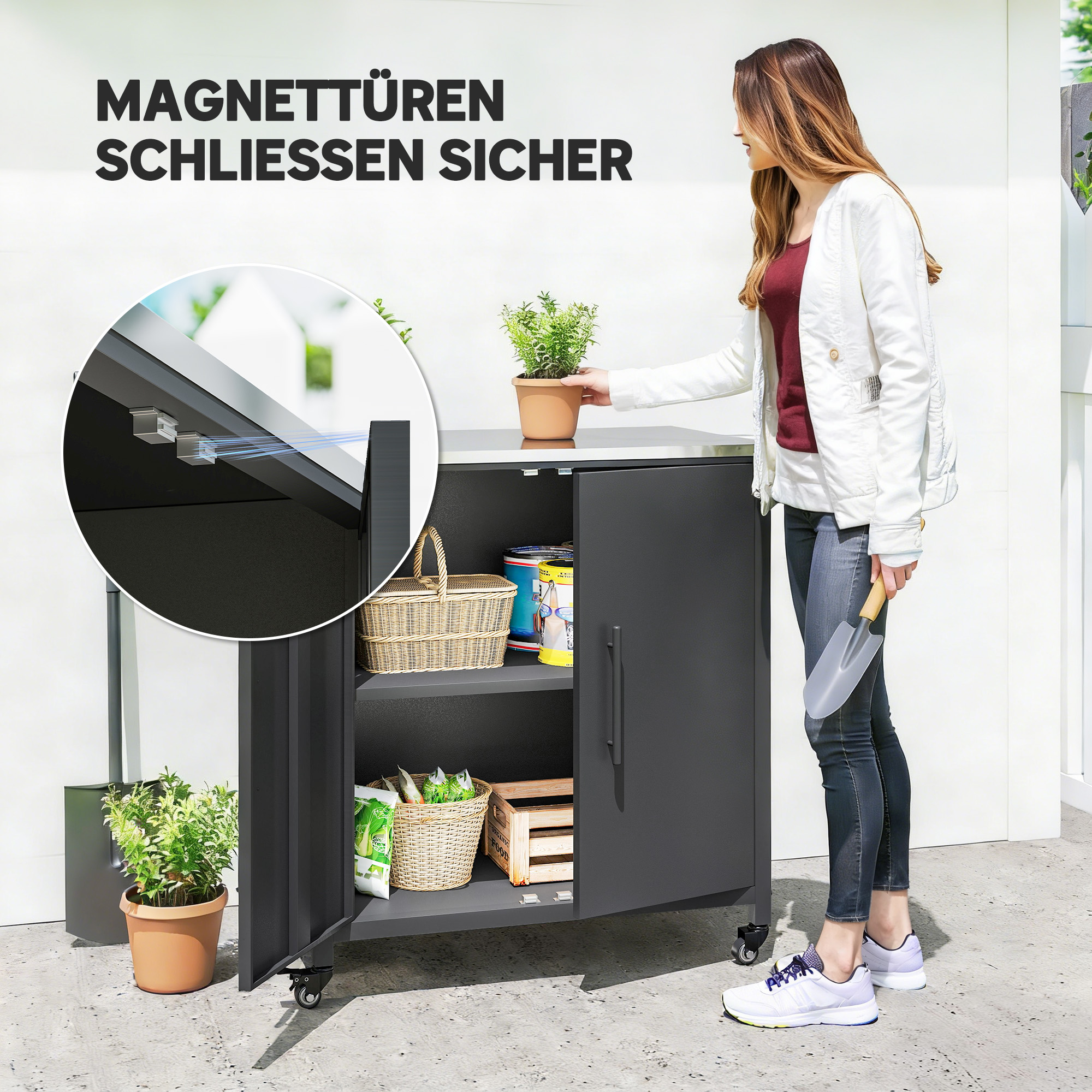 Gartenschrank mit Pflanztisch Geräteschuppen mit Edelstahl Arbeitsplatte abnehmbar Regal magnetisch Doppeltür Rolle