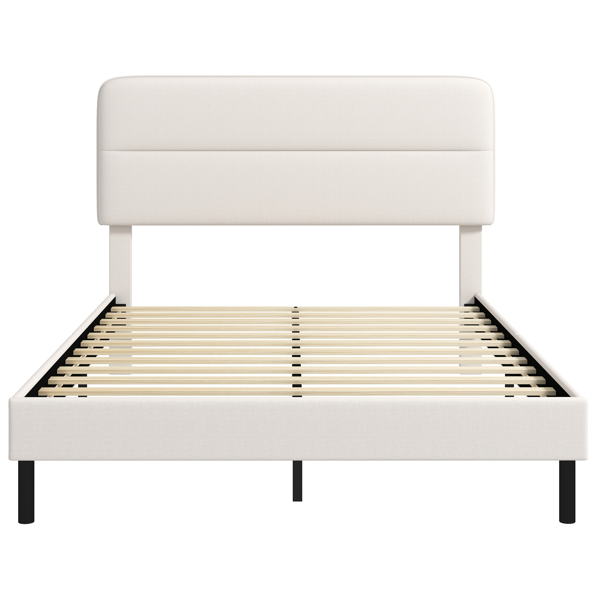 Bettgestell 140 x 200 cm mit verstellbarem Kopfteil, Polsterbett in Leinenoptik mit 12 Sperrholzlatten, Beige