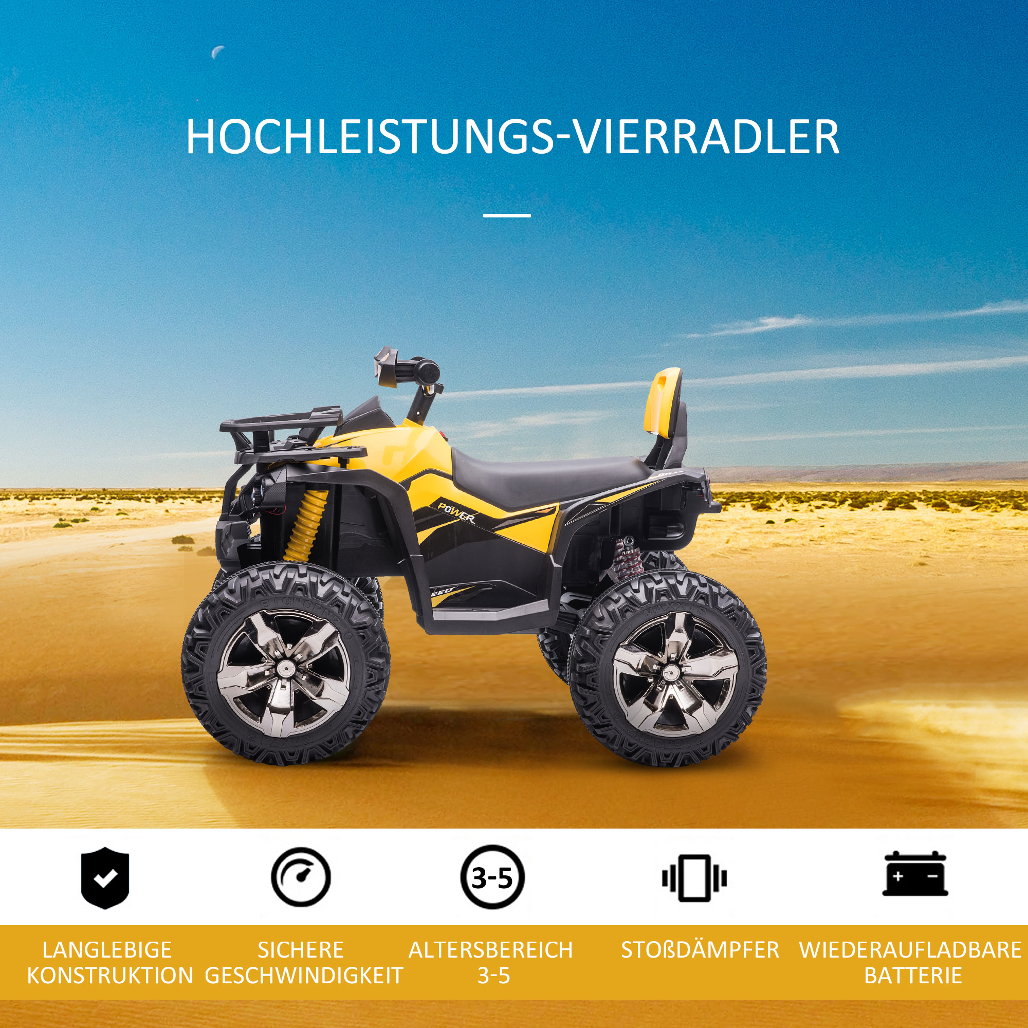 Elektro-Kinderquad, 3-8 km/h, 45 Min. Betriebszeit, LED-Scheinwerfer, Musikplayer mit USB, für Kinder 3 bis 5 Jahre