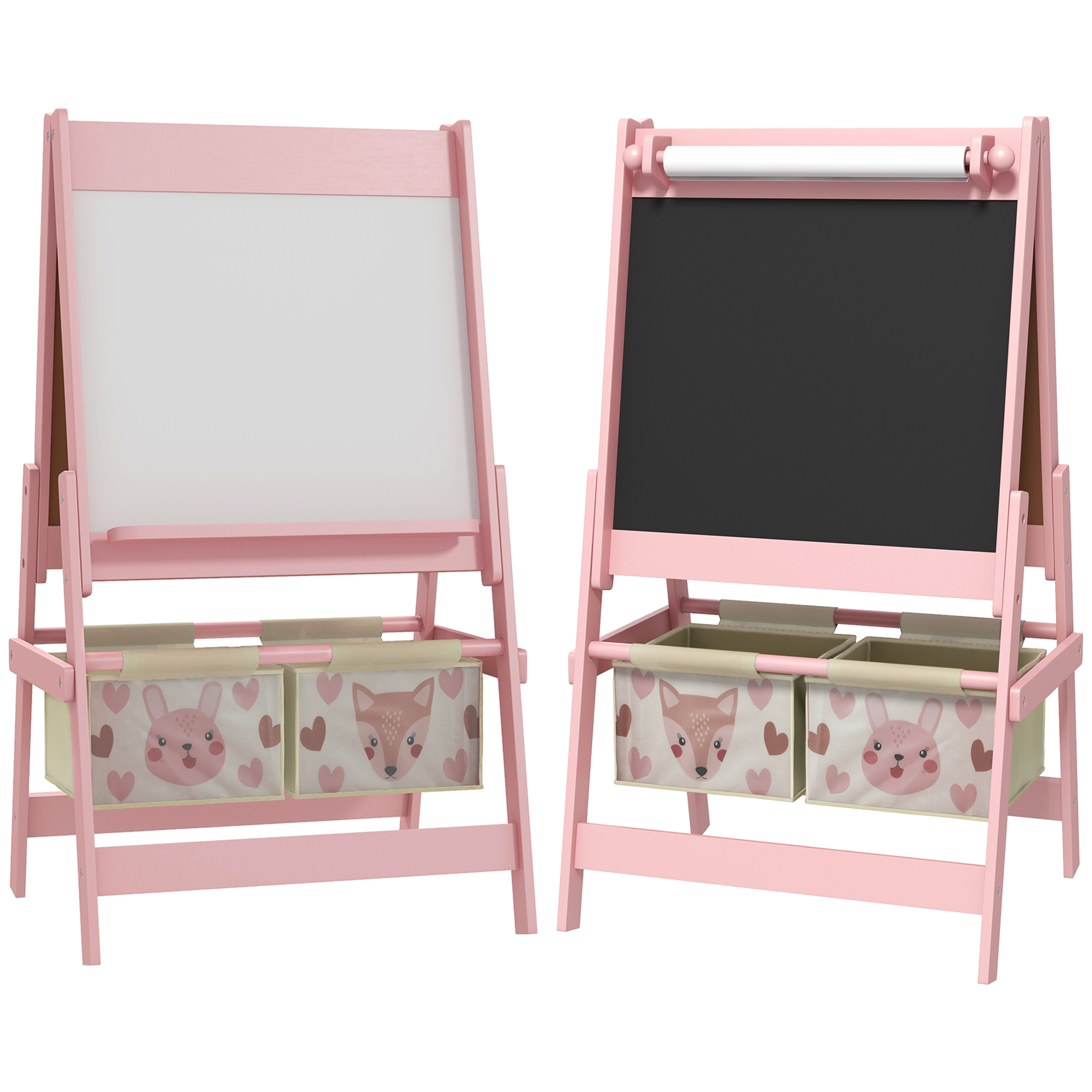 3-in-1 Kinder Staffelei mit Papierrolle, Kreidetafel, Whiteboard, Aufbewahrungskörbe, 54 x 46,5 x 93 cm, rosa