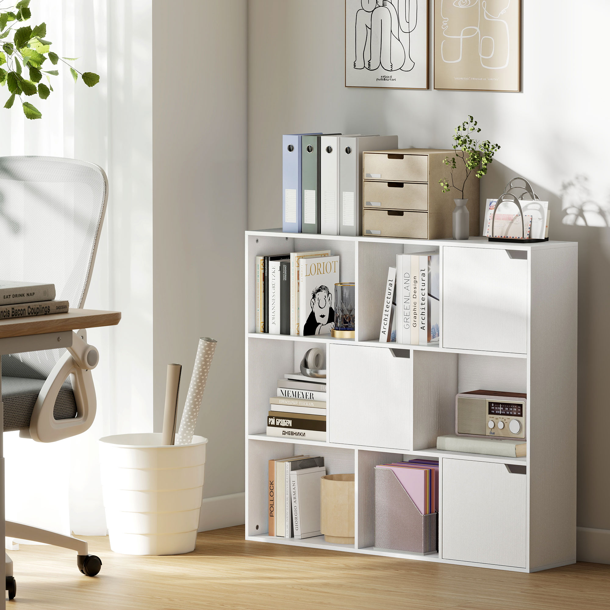 Bücherregal, 9 Würfelfächer, 3 Türen, 6 offene Regale, für Wohnzimmer, Schlafzimmer, Spanplatte, Weiß