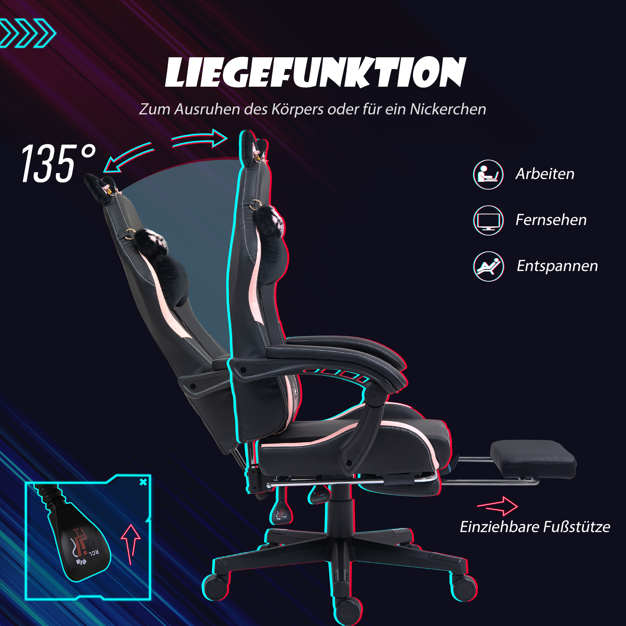 Gaming-Sessel mit Katzenohren, neigbare Lehne, ausziehbare Fußstütze, bis 120 kg, Rosa/Schwarz
