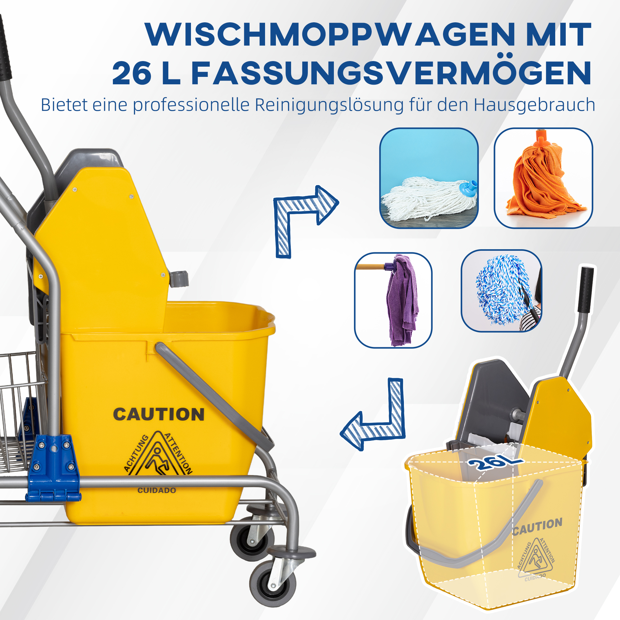 Reinigungseimer, Wischmoppeimer, rollbar, Kunststoff, Metallgriff, Gelb