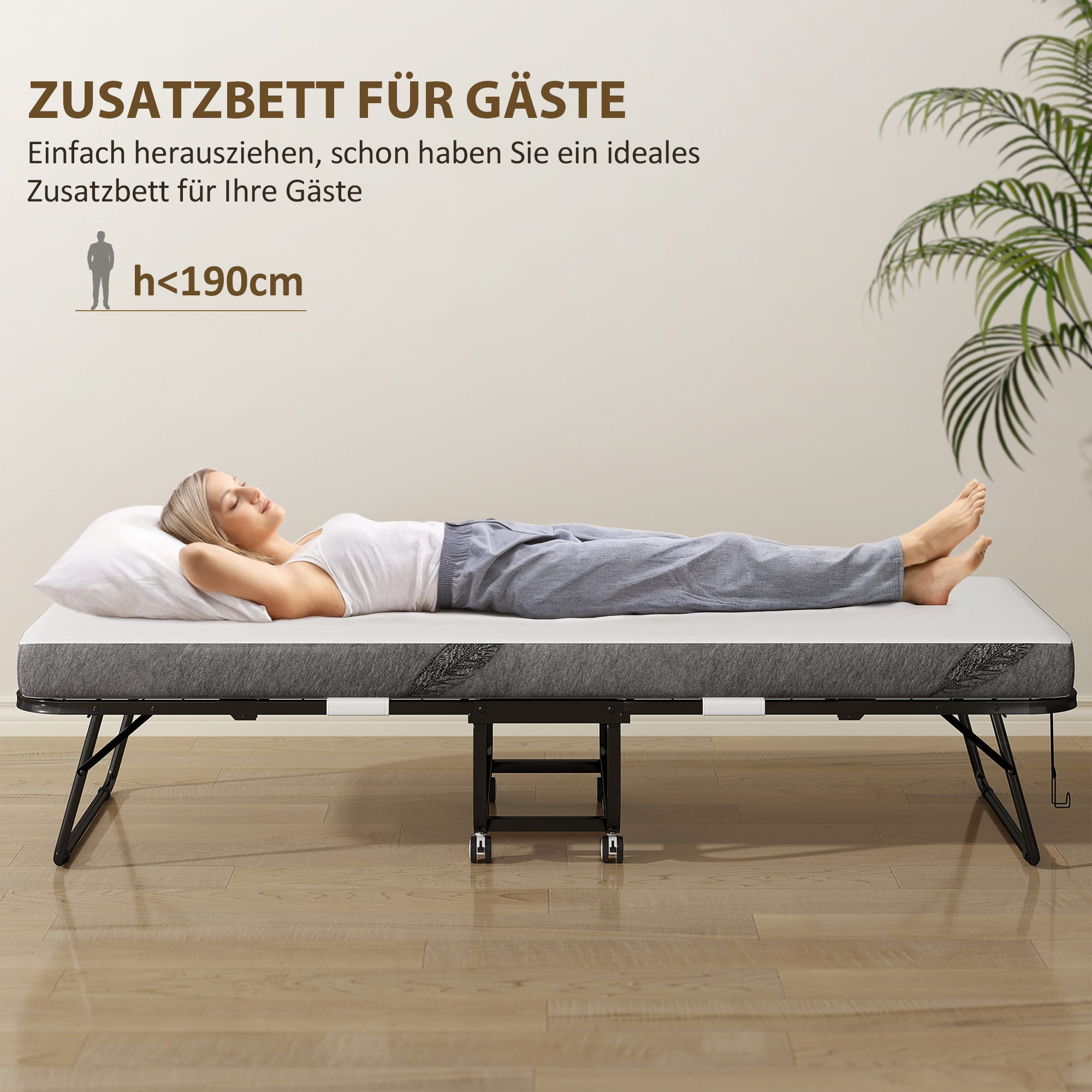 Klappbett 80x200 cm Erwachsene Gästebett Klappbar mit 10cm Dicker Schaumstoff Reisebett mit Stahlrahmen Feldbett mit Rollen bis 150 kg belastbar Einzelbett