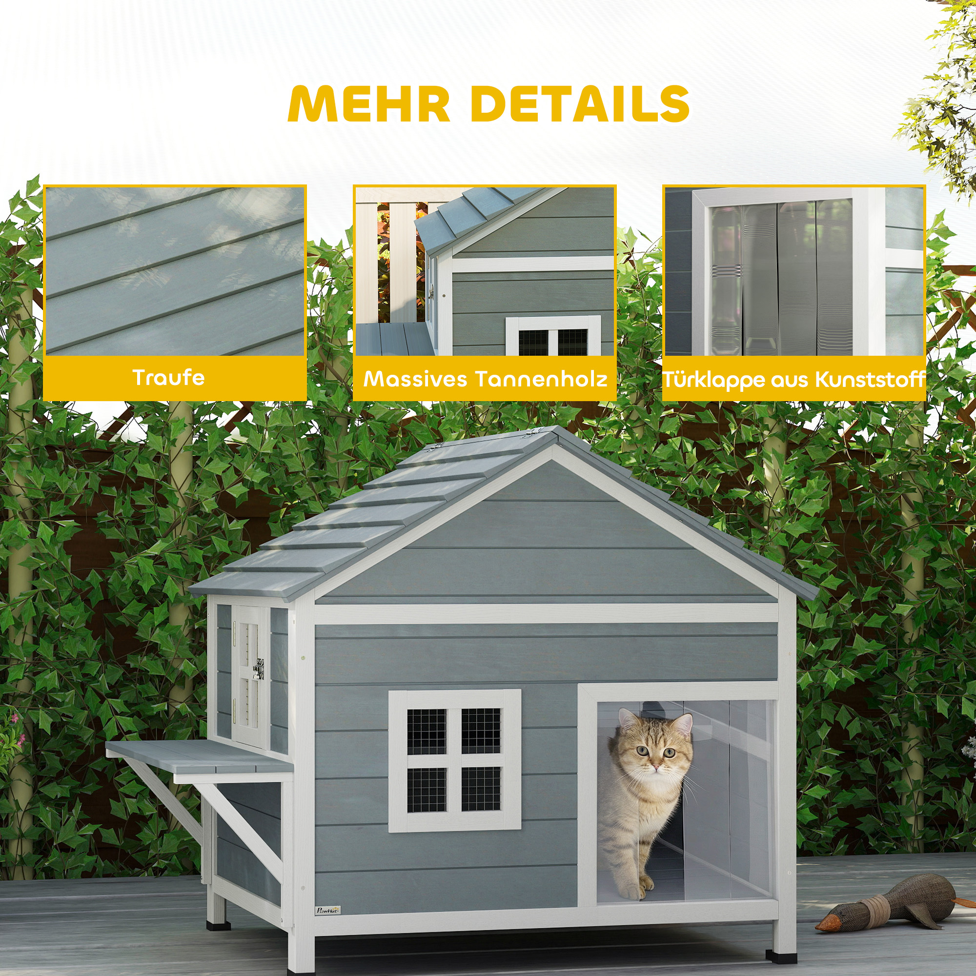 Katzenhaus aus Holz 2-Etagen Katzenhöhle mit wasserdicht aufklappbar Dach, seitlicher Plattform, 101x72,5x81cm, Grau