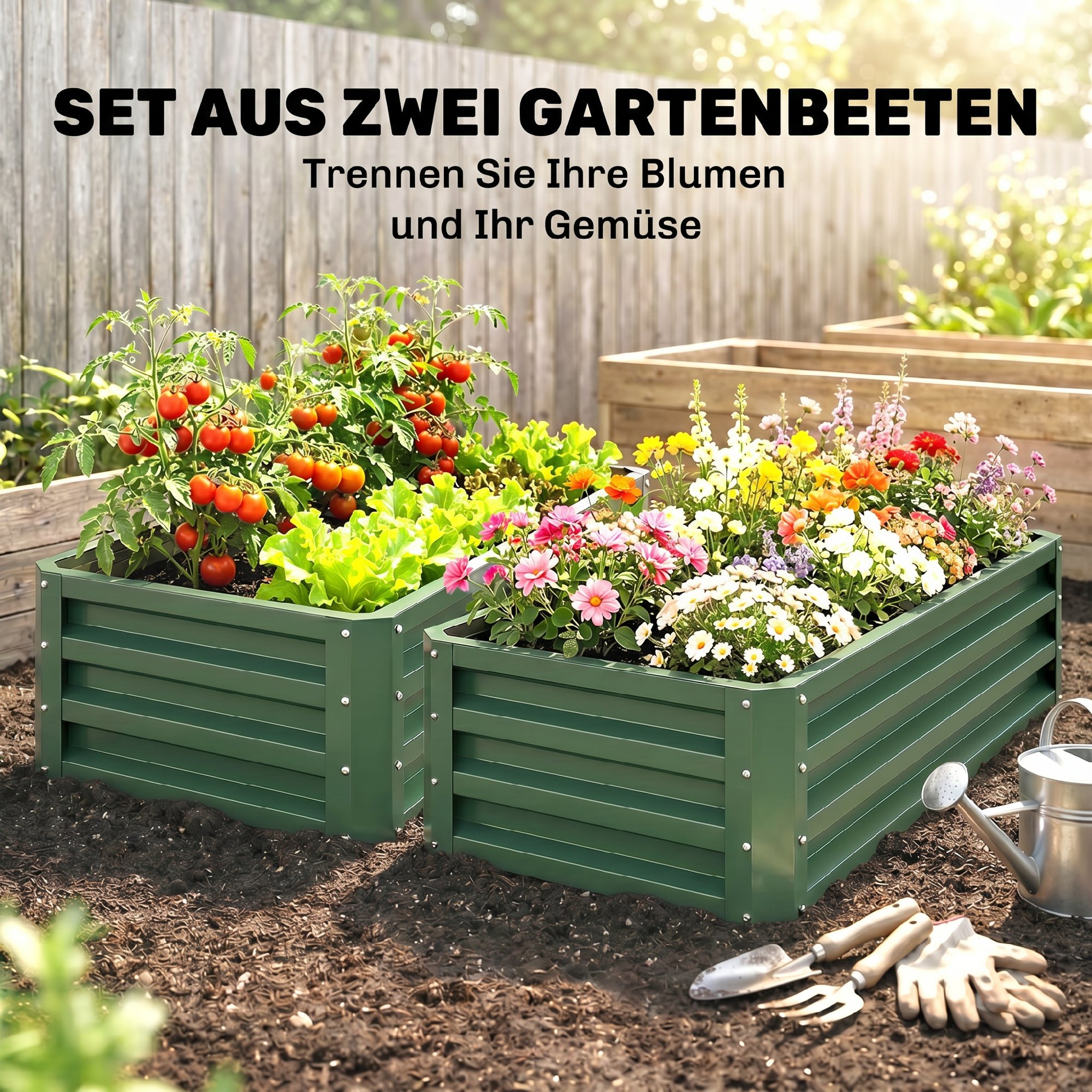 Hochbeet Metall 2er-Set, Offener Boden, Für Garten Balkon, 110x50x30cm, Grün