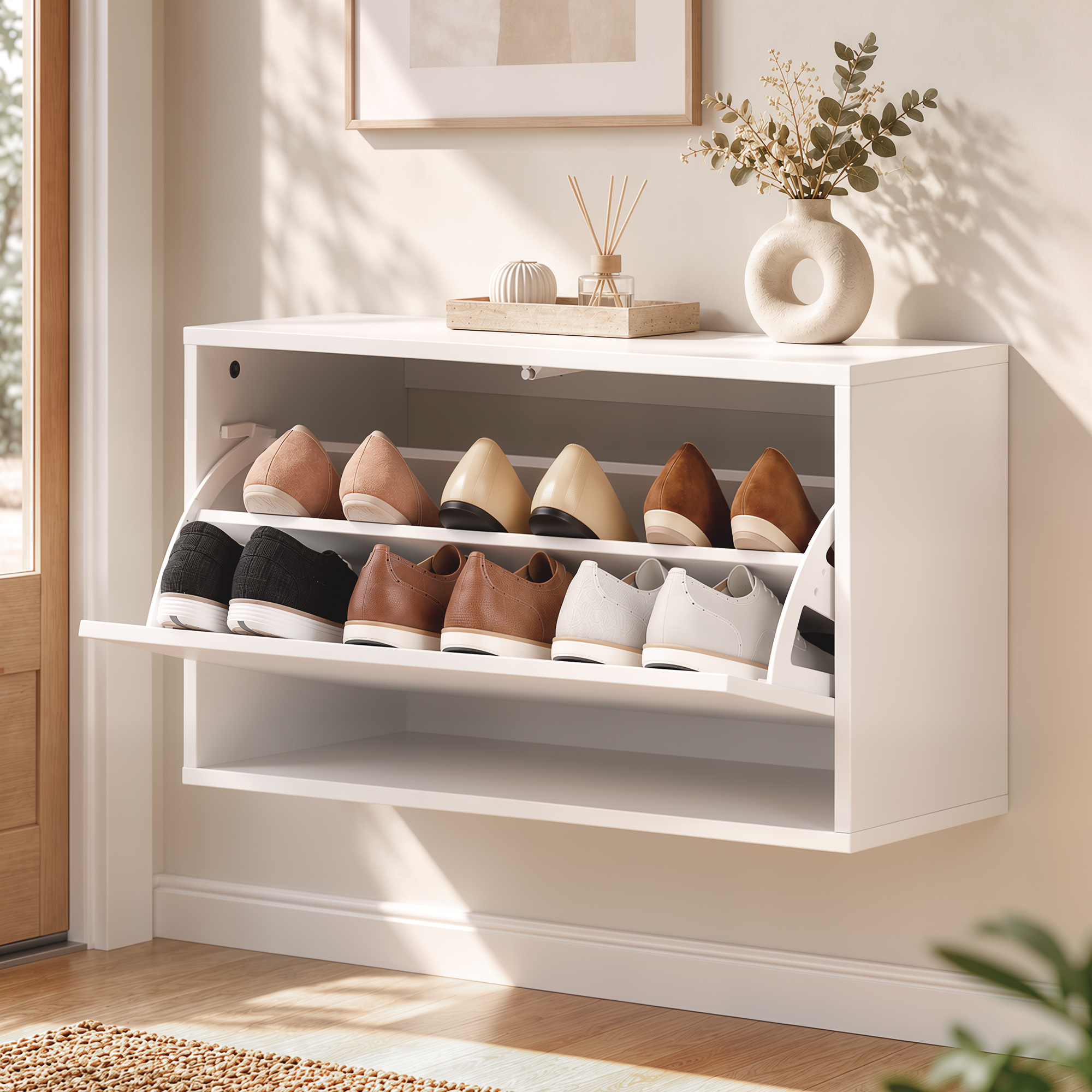 Schuhschrank mit 2 Klappen, Hängend Schuhkipper mit Ablage, Schmal Schuhregal für 6 Paar Schuhe 70 x 30 x 43 cm, Weiß