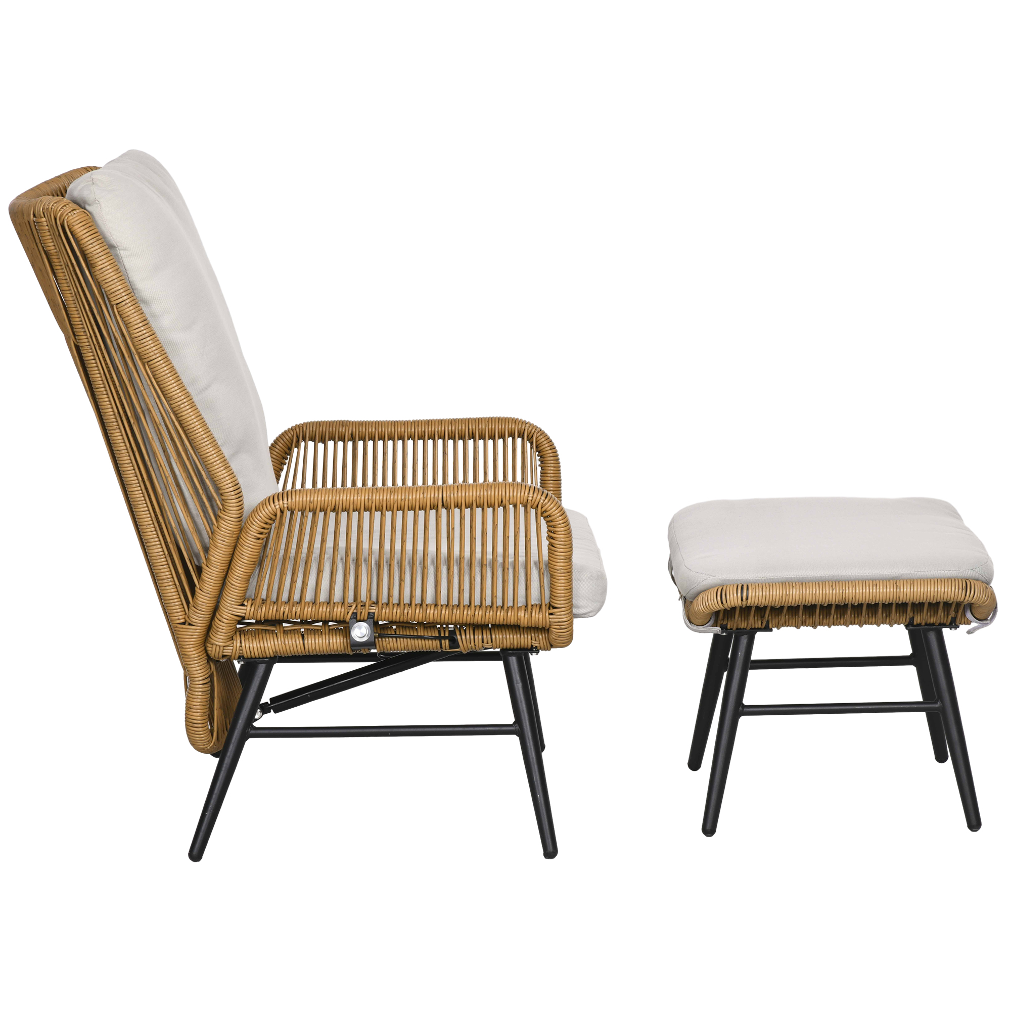 Polyrattan Gartenstuhl und Hocker, verstellbare Lehne, Hellbraun/Grau/Schwarz Polyrattan Gartenstuhl und Hocker, verstellbare Lehne, Hellbraun/Grau/Schwarz