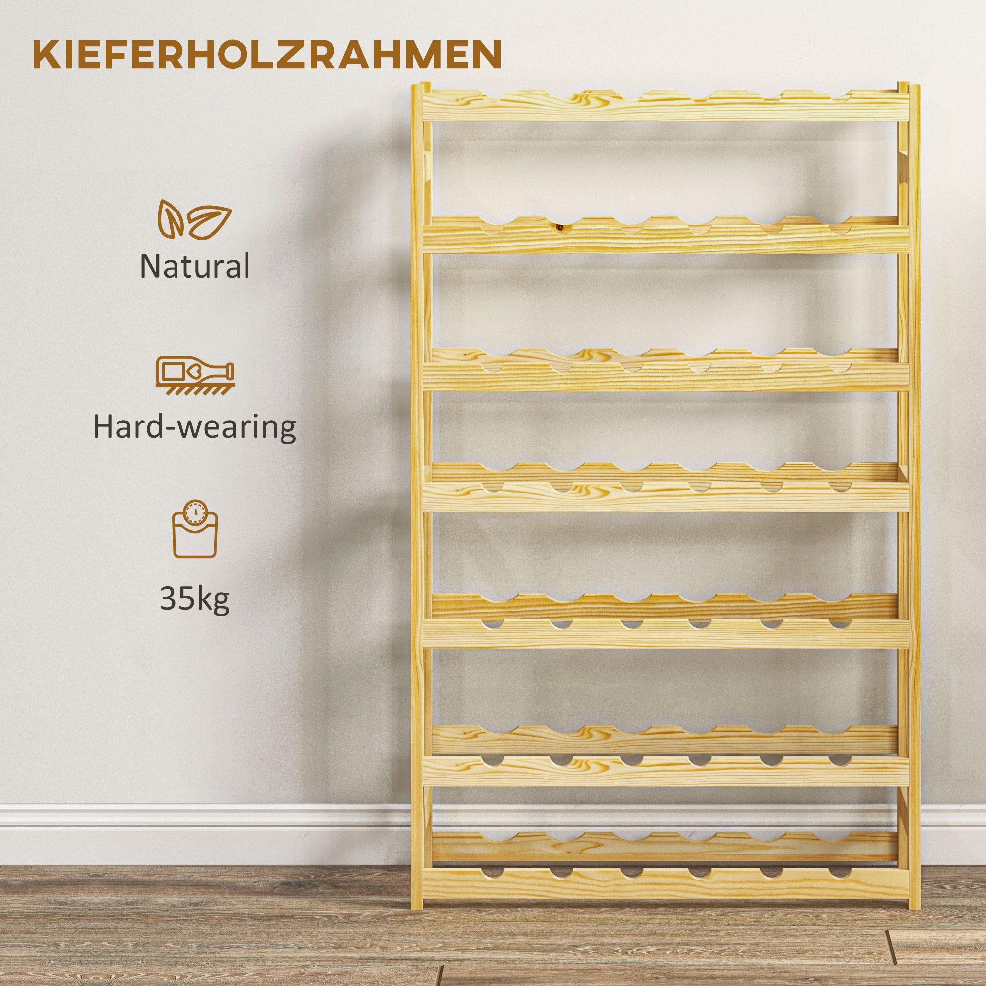Weinregal, 7 Etagen, für 42 Flaschen, Kippschutz, Kiefernholz, 63x25x102cm, Natur