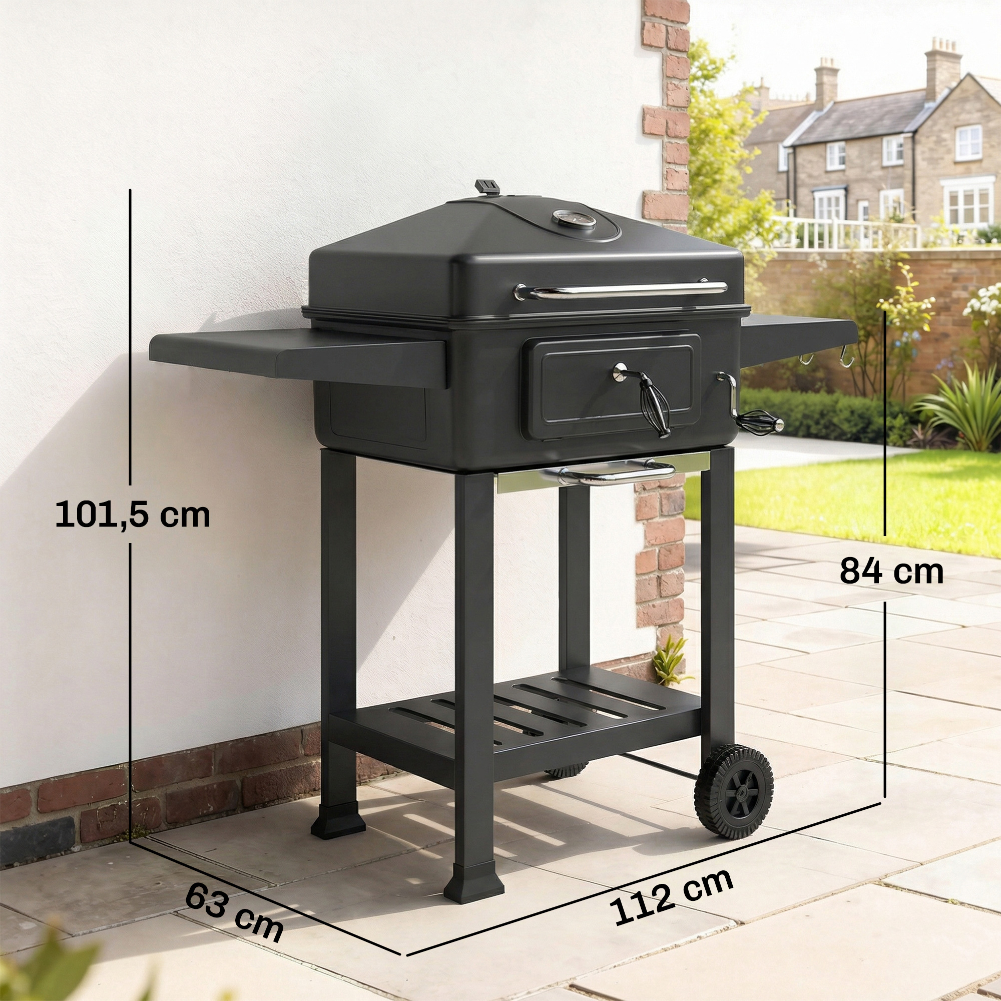 Holzkohlegrill BBQ Smoker mit Deckel Thermometer höhenverstellbar Kohlepfanne Grillrost Seitentisch Aschefach