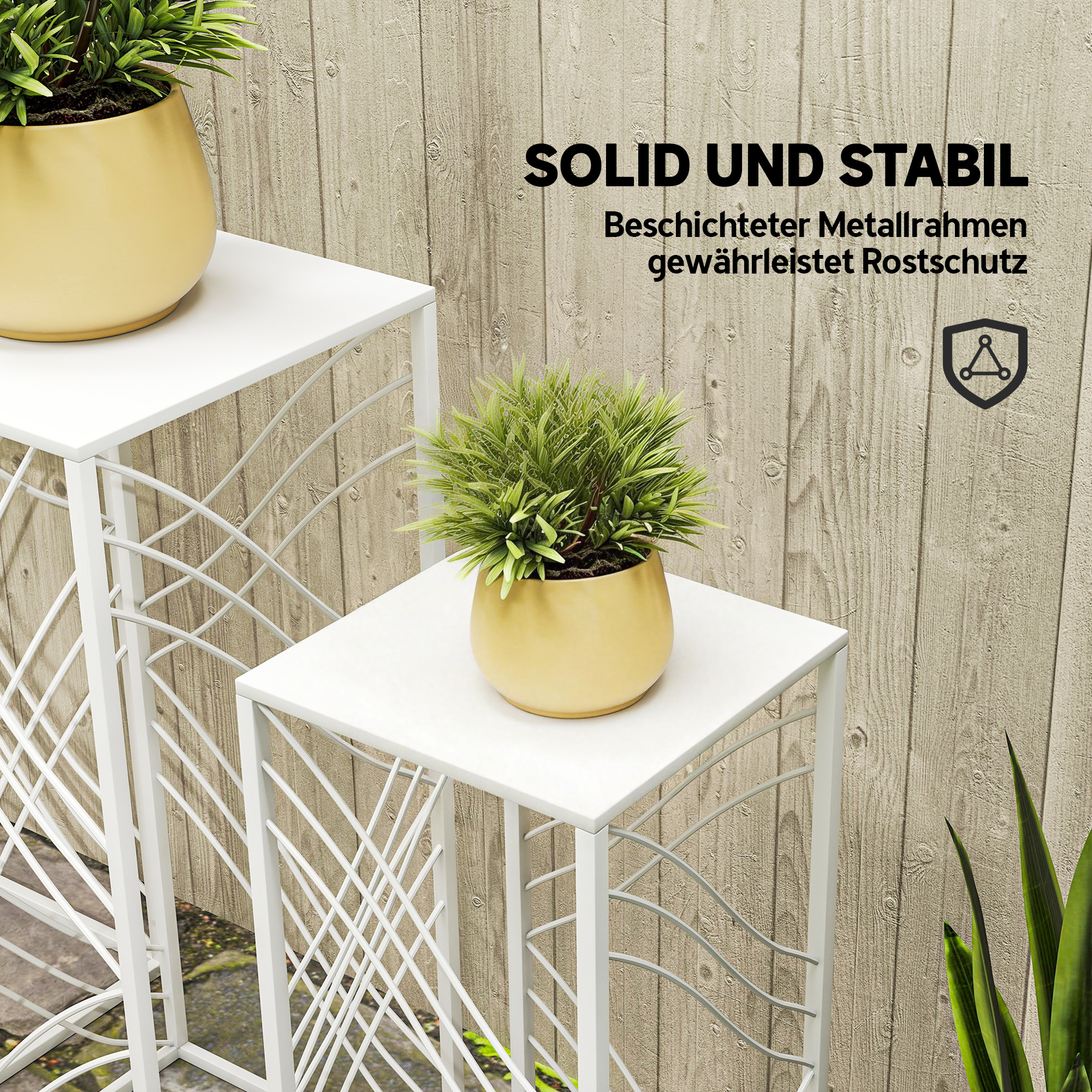 3er-Set Pflanzenständer, 50/60/70 cm hoch Blumenständer, stapelbar Pflanzenregal aus Metall Weiß