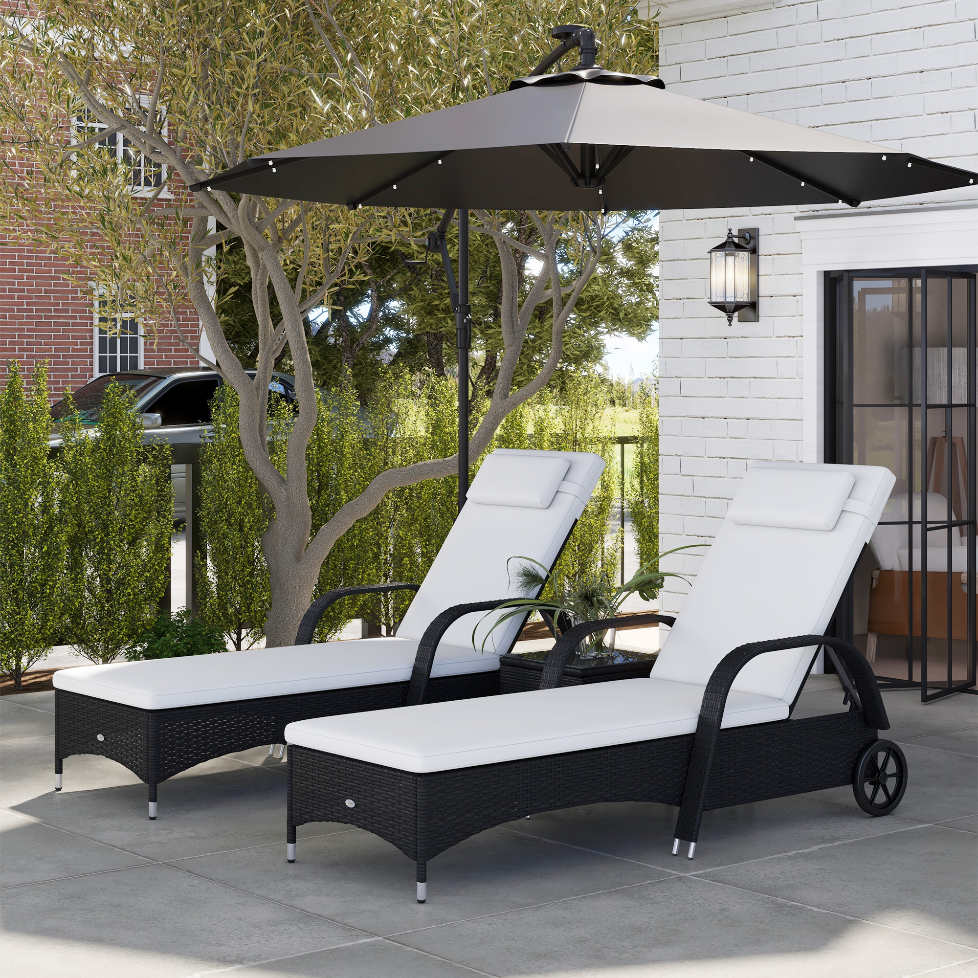 Sonnenliege Gartenliege Tisch 3er-Set Gartenmöbel, Polyrattan+Metall Schwarz+Cremeweiß