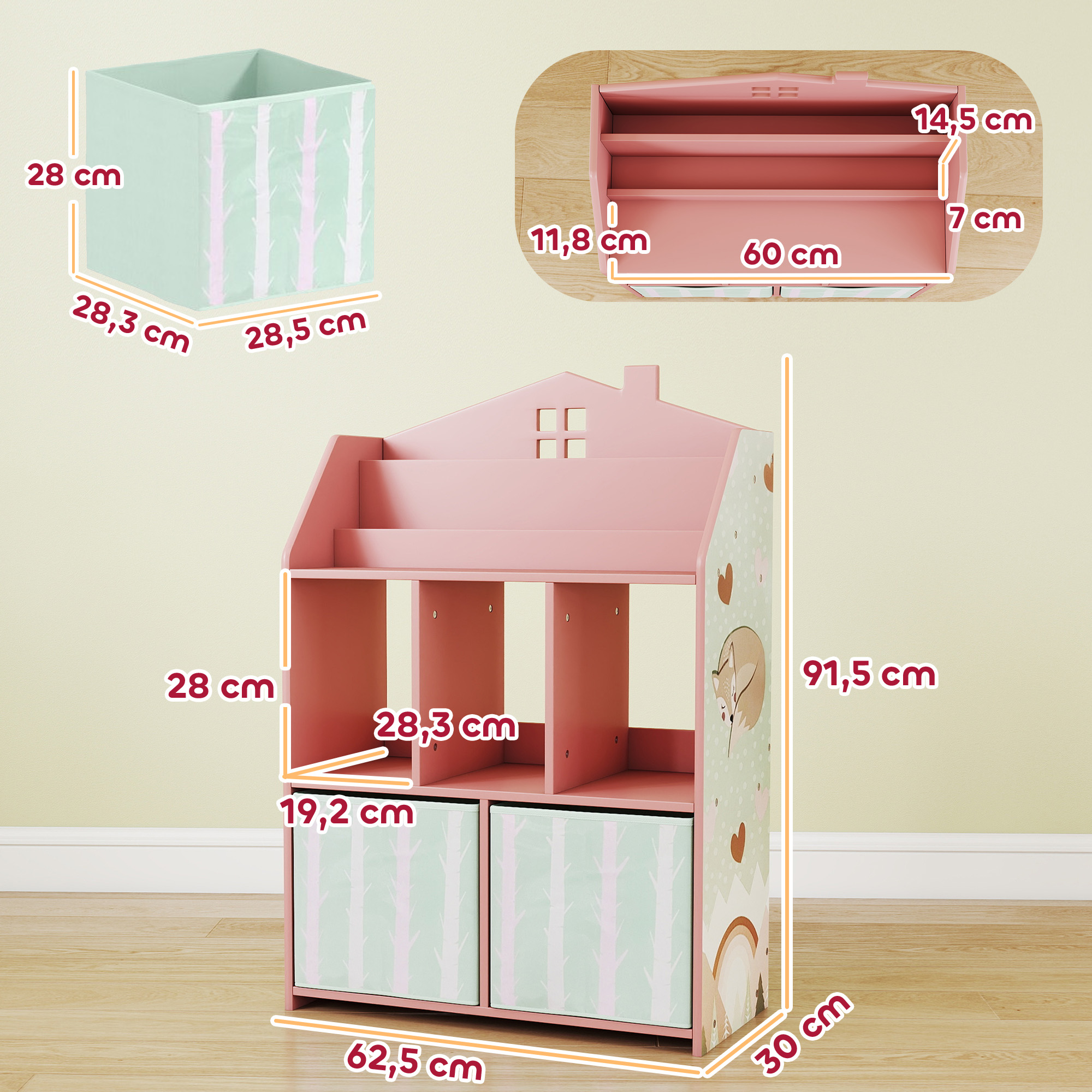 Kinderregal Bücherregal Kinder mit 2 Stoffschubladen offen Regal für 3-8 Jahre 62,5x30x91,5 cm Rosa