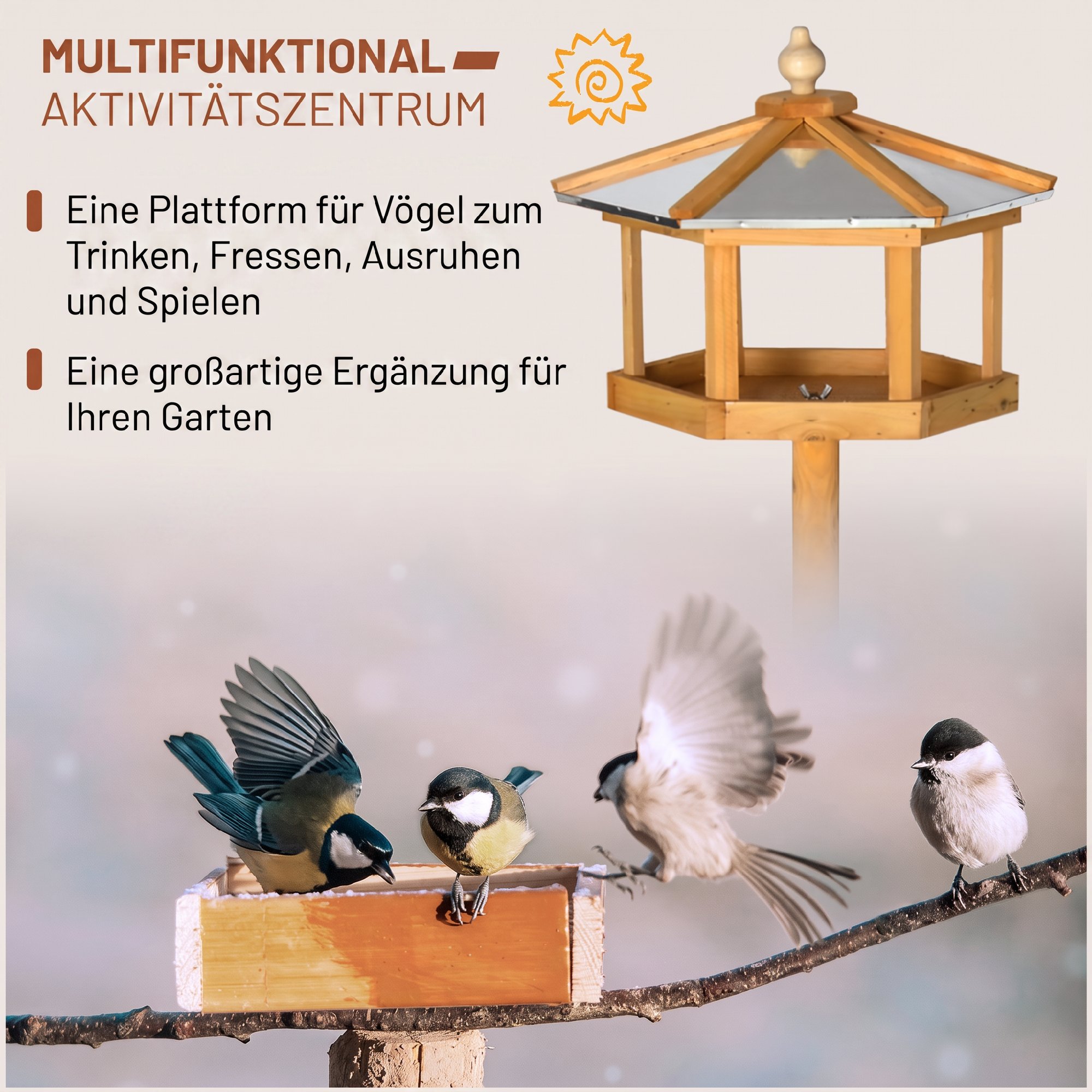 Vogelhaus mit Ständer Holz Vogelfutterhaus mit Plattform geneigtes Metalldach Ø57,7 x 153H cm Naturholz