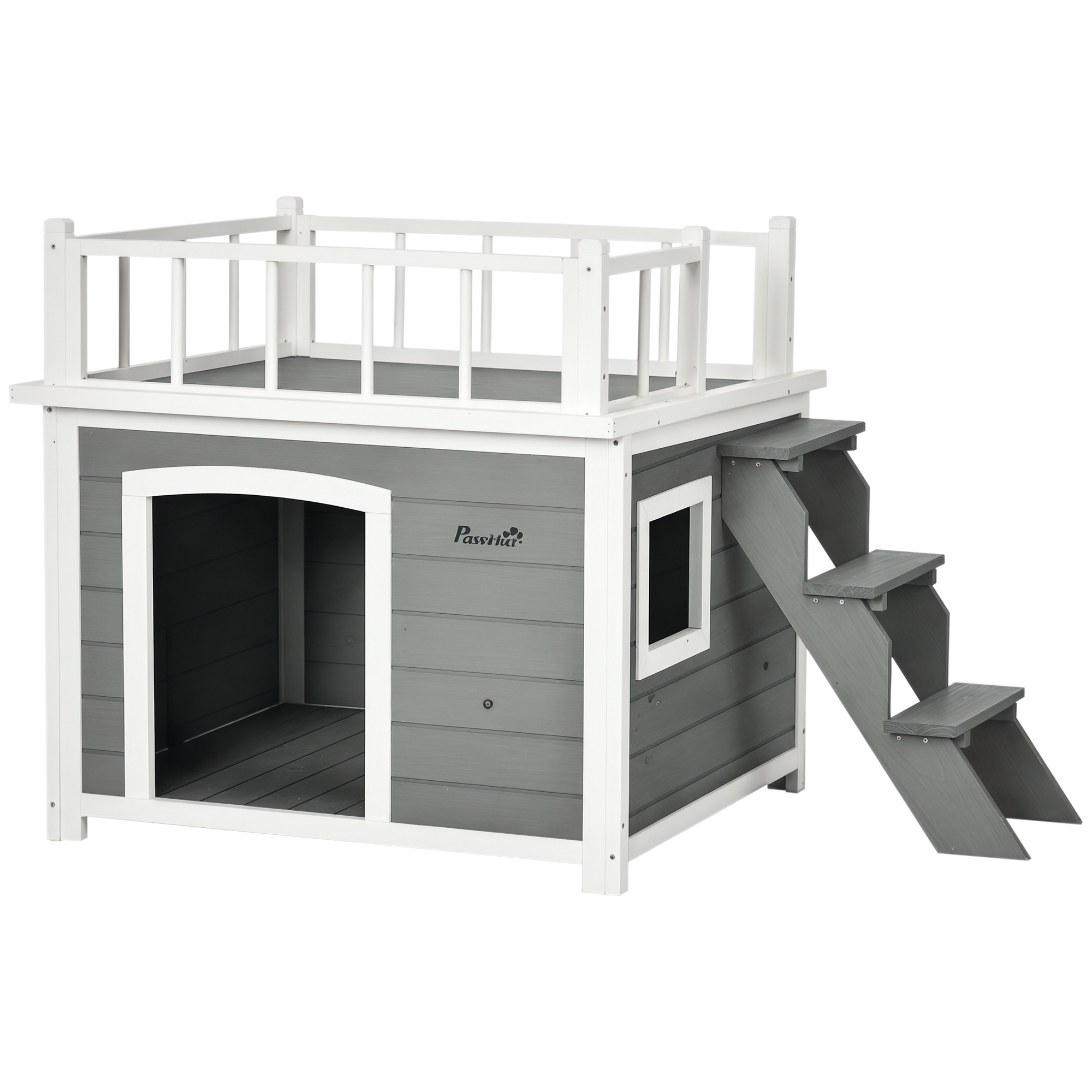 Hundehütte, Dachterrasse, Treppe, Fenster, Bodenabstand, Naturholz, hellgrau, 121 x 77 x 78cm Hundehütte, Dachterrasse, Treppe, Fenster, Bodenabstand, Naturholz, hellgrau, 121 x 77 x 78cm