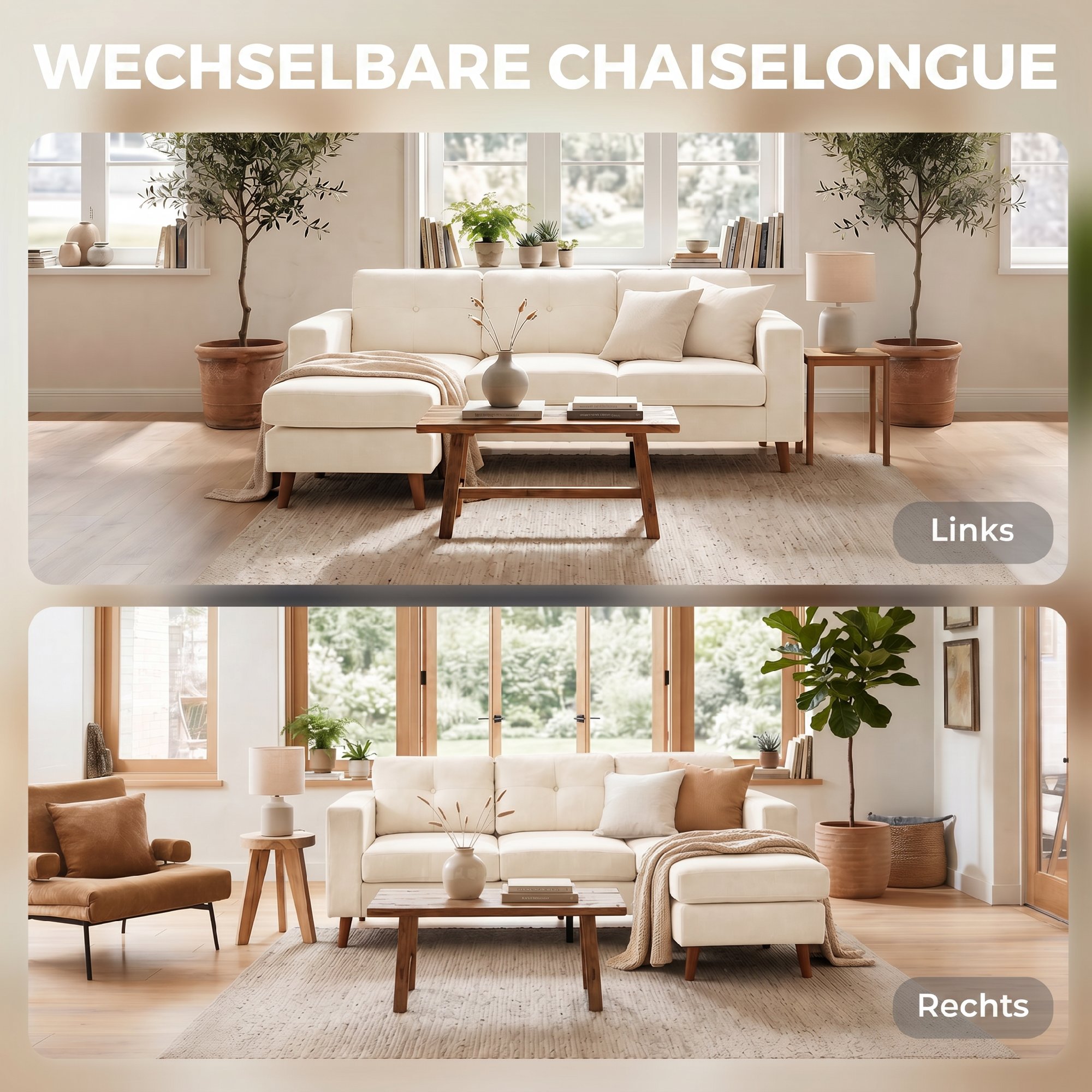 Ecksofa 192 cm L-Form 3-Sitzer Sofa mit umkehrbarer Chaiselongue, Cord-Optik, für kleinen Raum, Cremeweiß