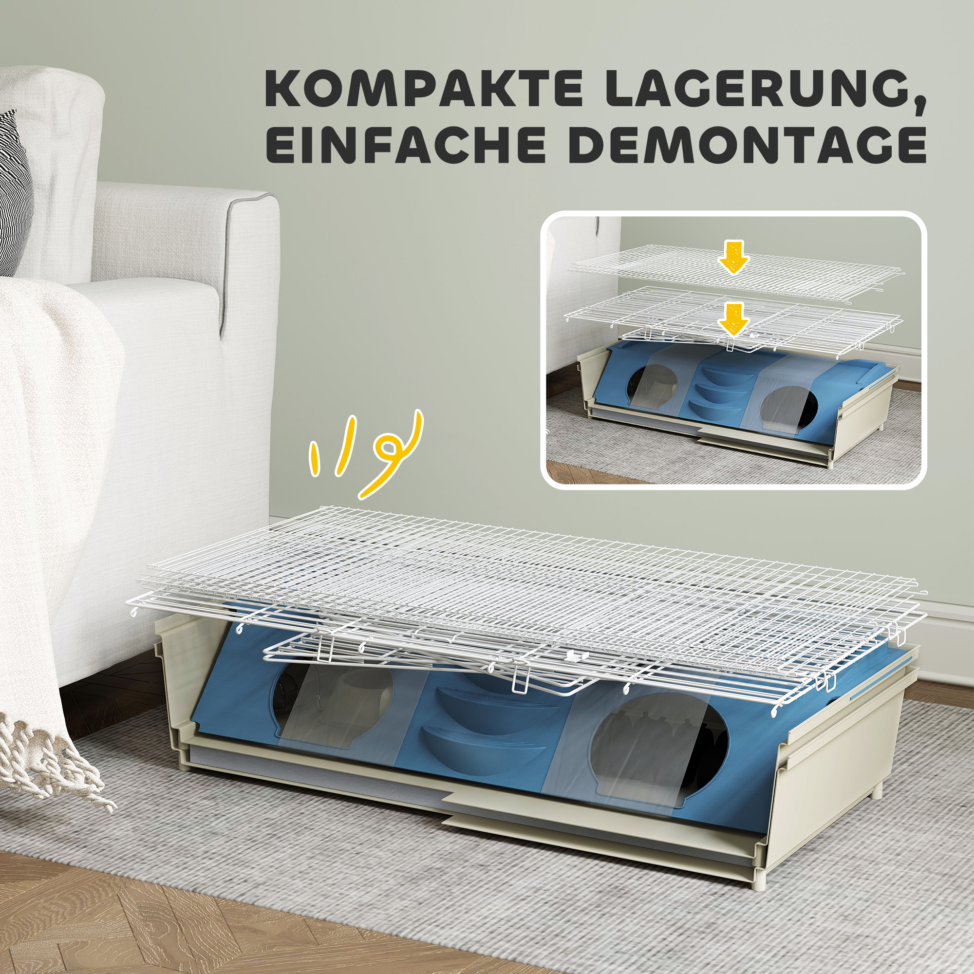 Kleintierkäfig, Balkon, Rampe, Futtertrog, Wasserflasche, 2-Ebenen-Design, Weiß