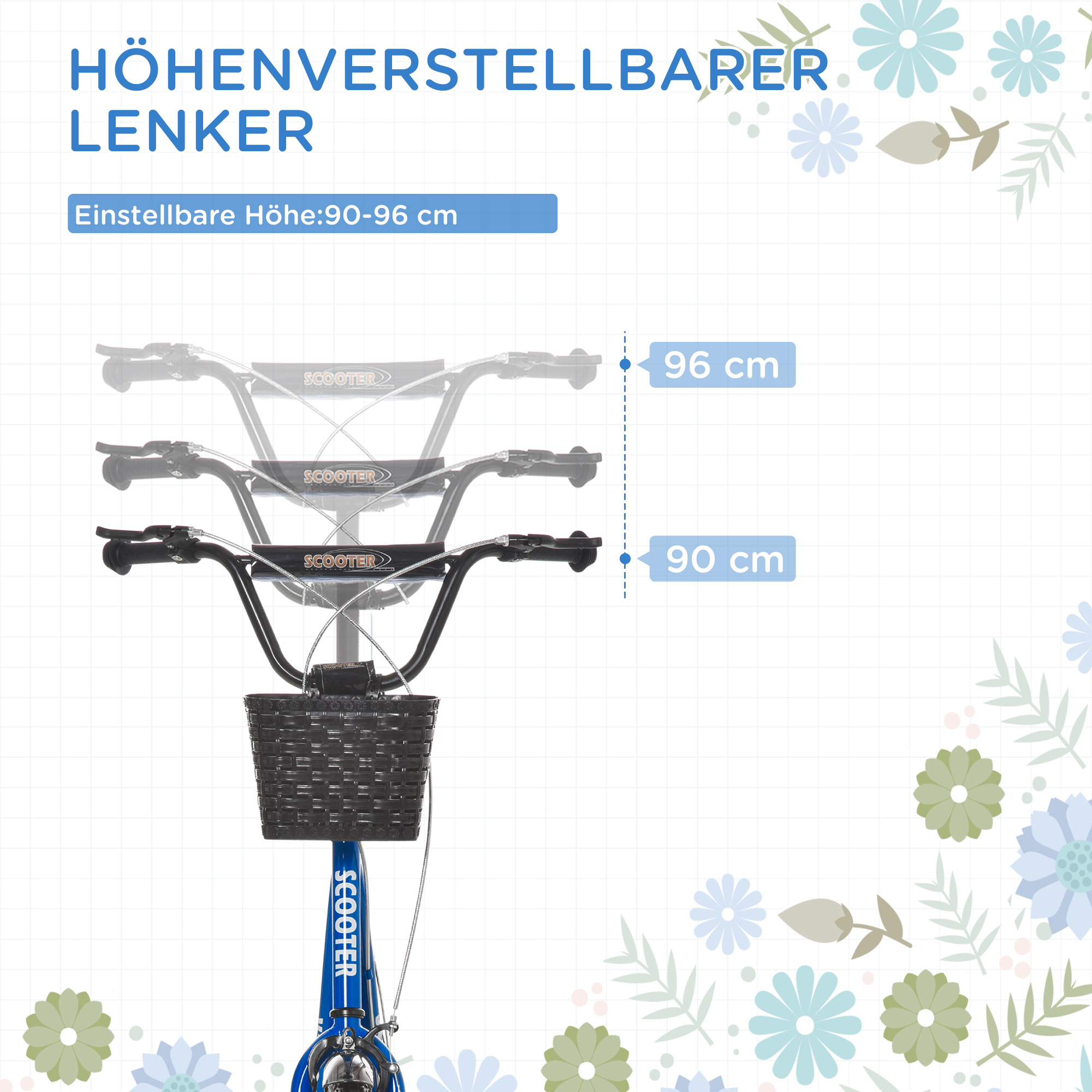 Kinderroller, Scooter mit Bremse, inkl. Korb, höhenverstellbar, für Kinder 5-12 J., blau+schwarz