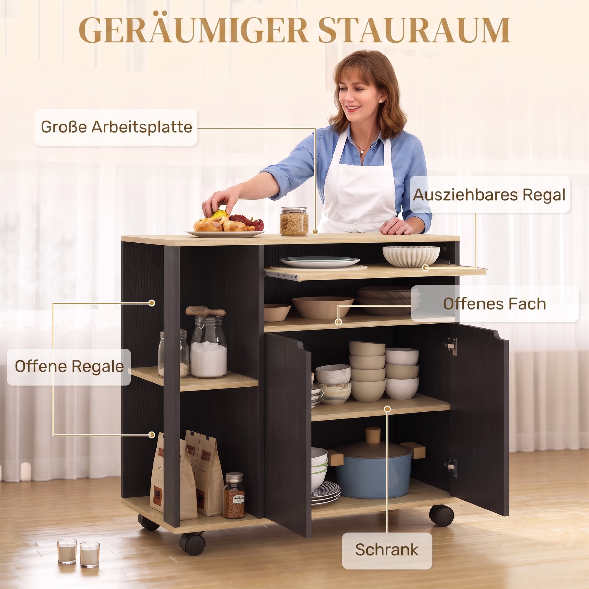 rollender Küchenwagen mit Stauraum, Schrank, verstellbare Regale, für Küche, Wohnzimmer, Esszimmer, Schwarz