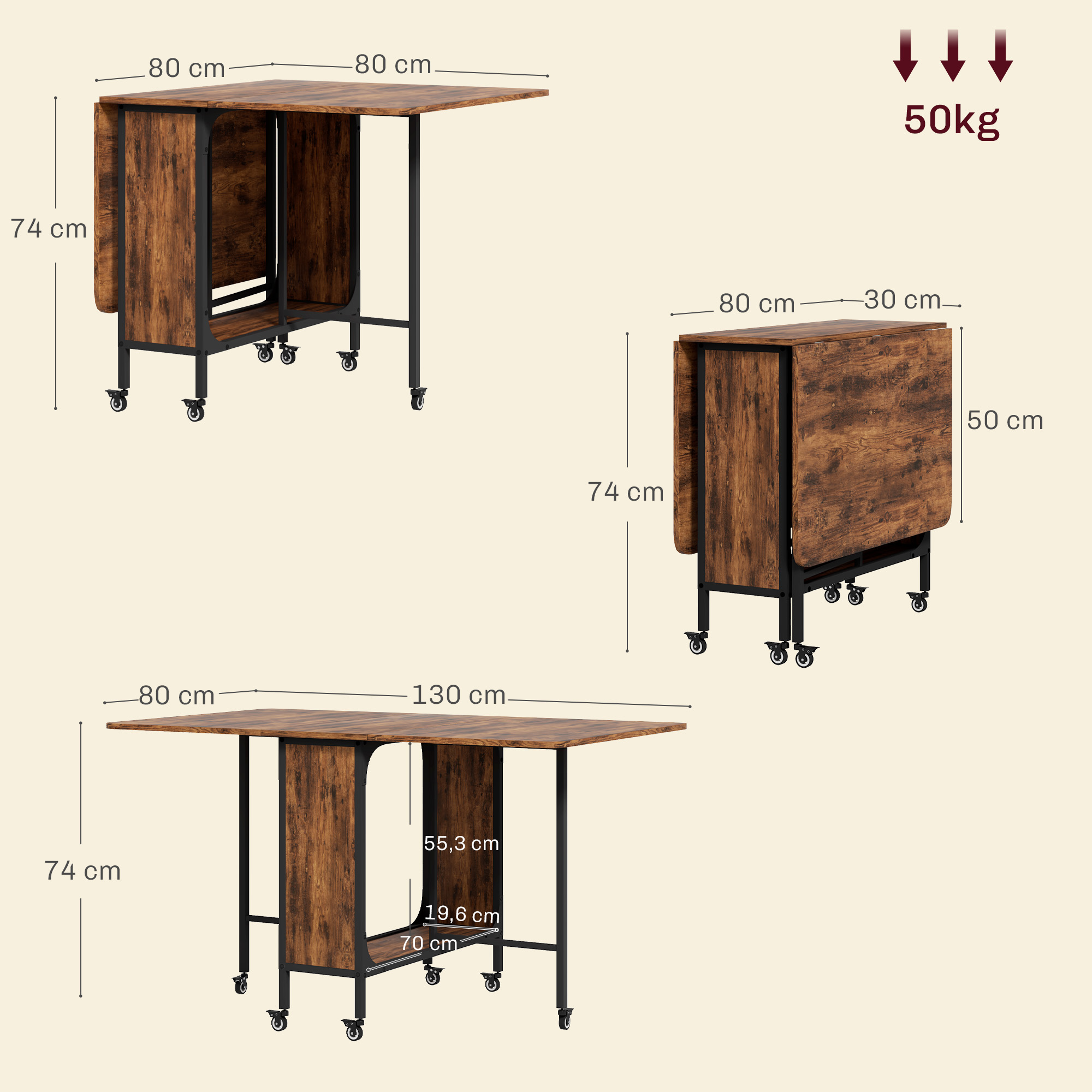 klappbarer Esstisch, Mobiler Klapptisch für 6 Personen, mit Ablage, bis 50 kg belastbar, 130 x 80 x 74 cm, Rotbraun
