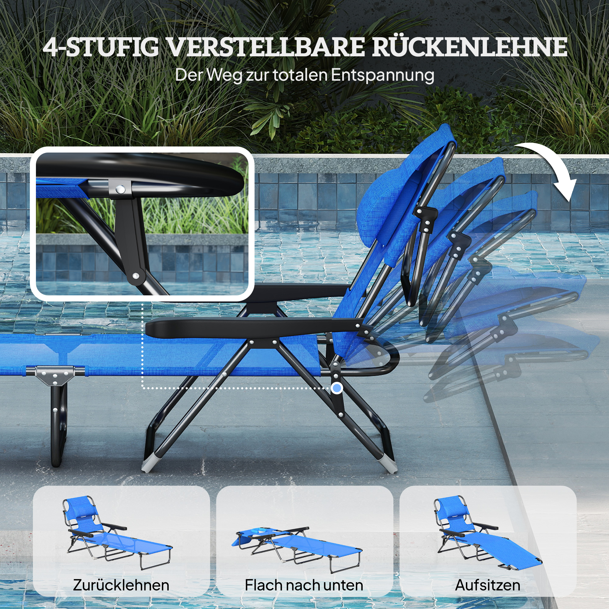 Sonnenliege Gartenliegen Relaxliege, klappbar, wetterbeständig, 194 cm x 72 cm x 31 cm, Schwarz + Dunkelblau