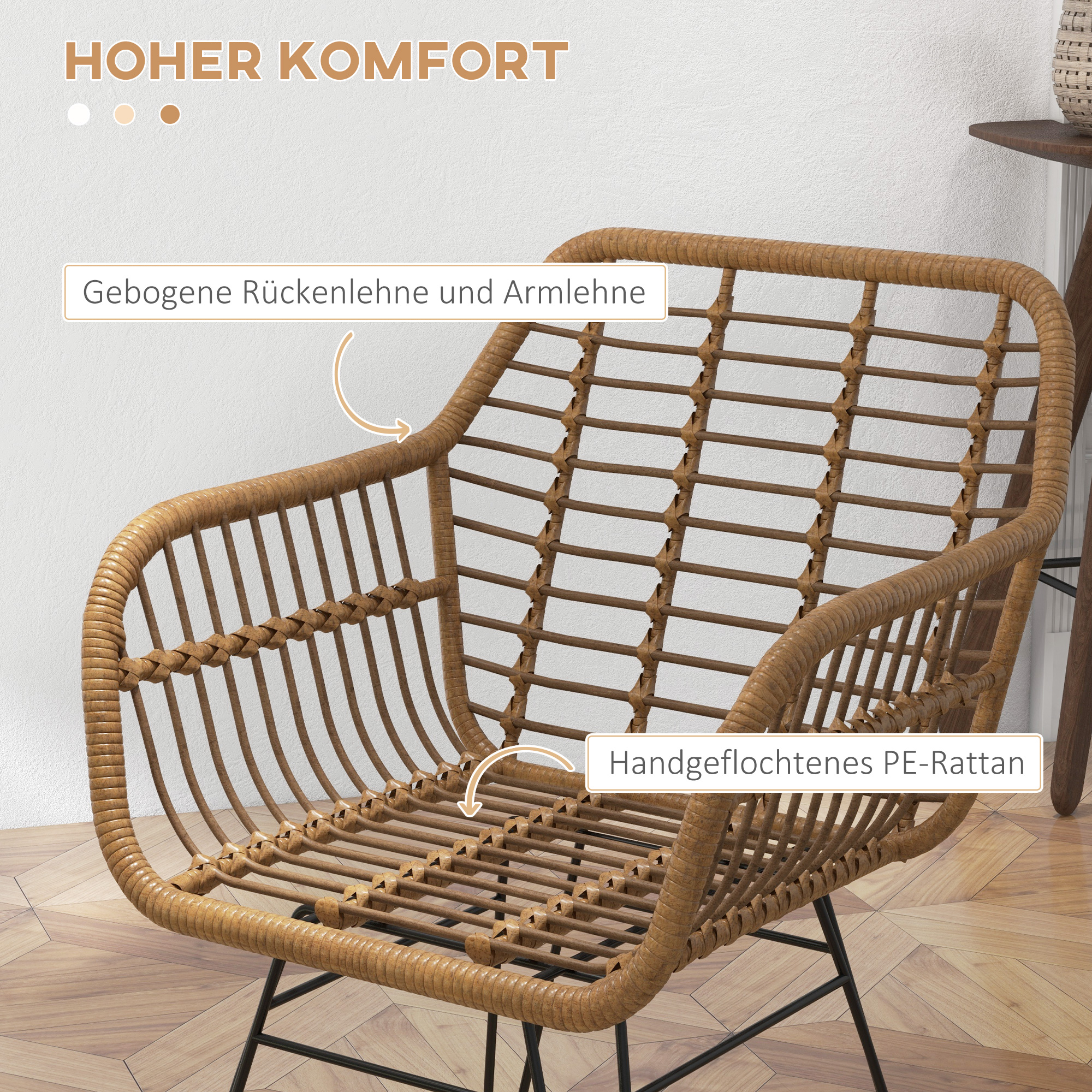 2-er-Set Stühle im Boho-Stil, Küchenstühle, PE-Rattan, 56 x 60 x 79 cm, Natur + Schwarz