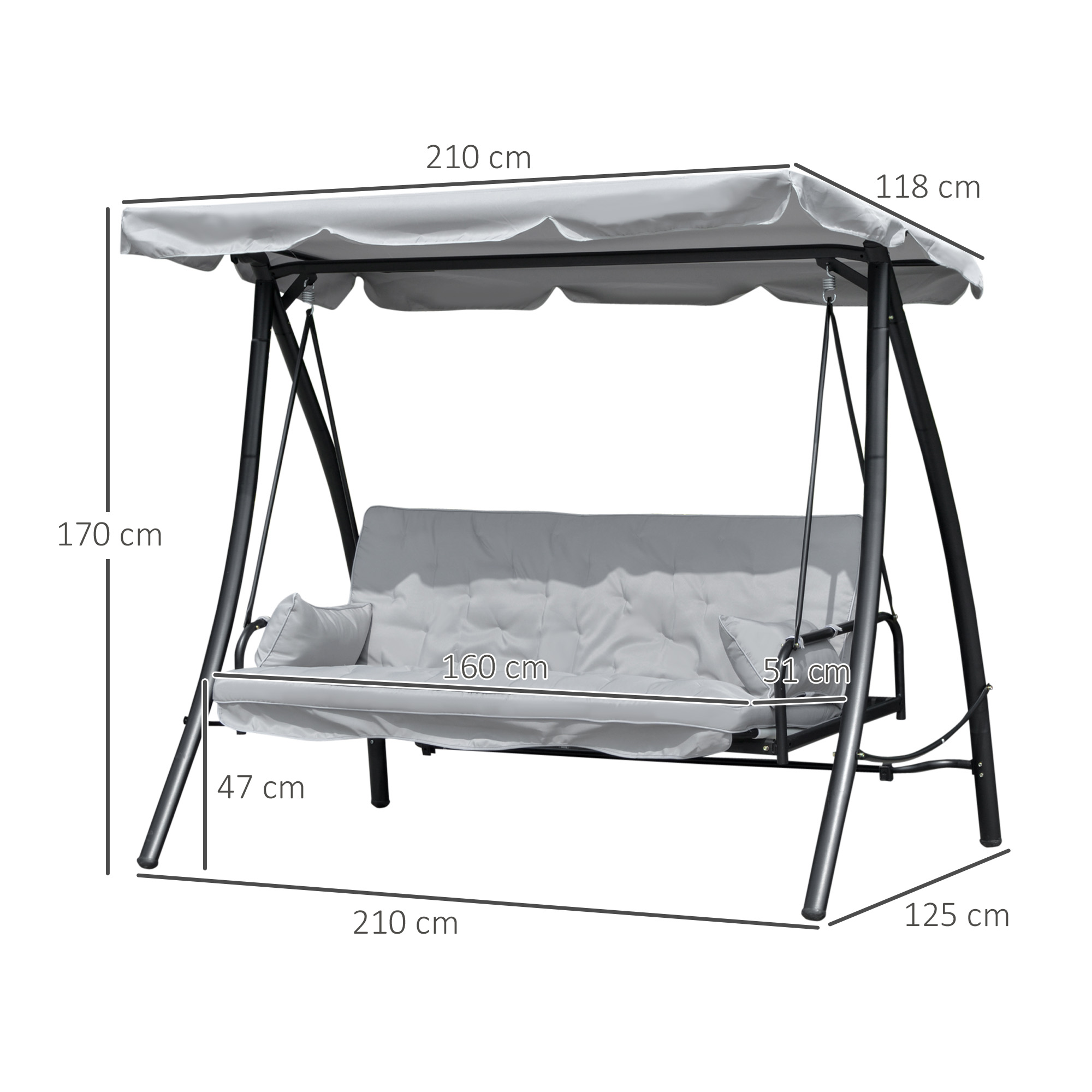 Hollywoodschaukel Gartenschaukel Schaukel Schaukelbank mit Liege-Funktion, 3 Sitzer, Metall+Polyester, Grau, 209 x 114 x 170 cm
