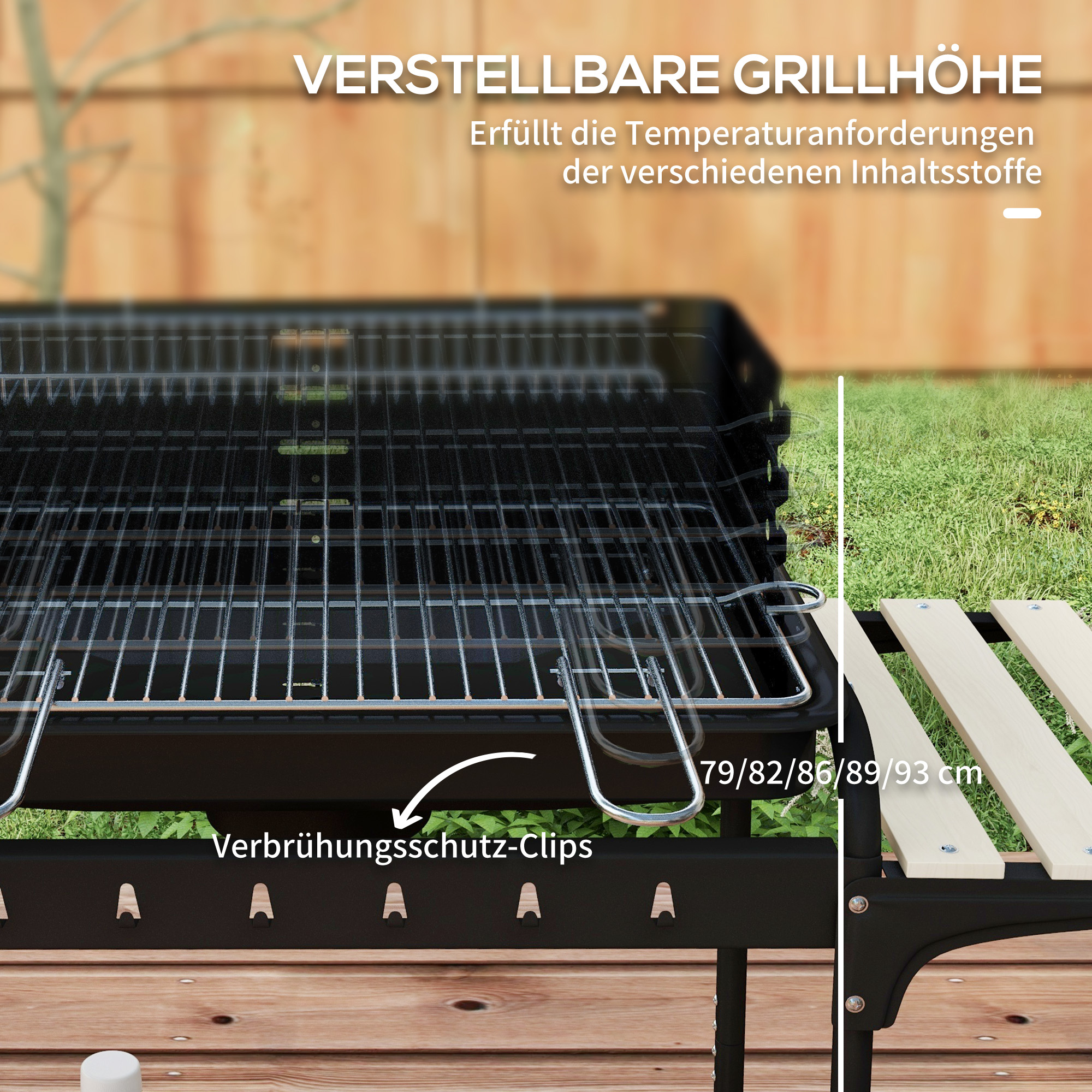Holzkohlegrill aus Metall BBQ Smoker mit Räder, höheverstellbar Grillrost, Holzablage 103x47x95 cm schwarz
