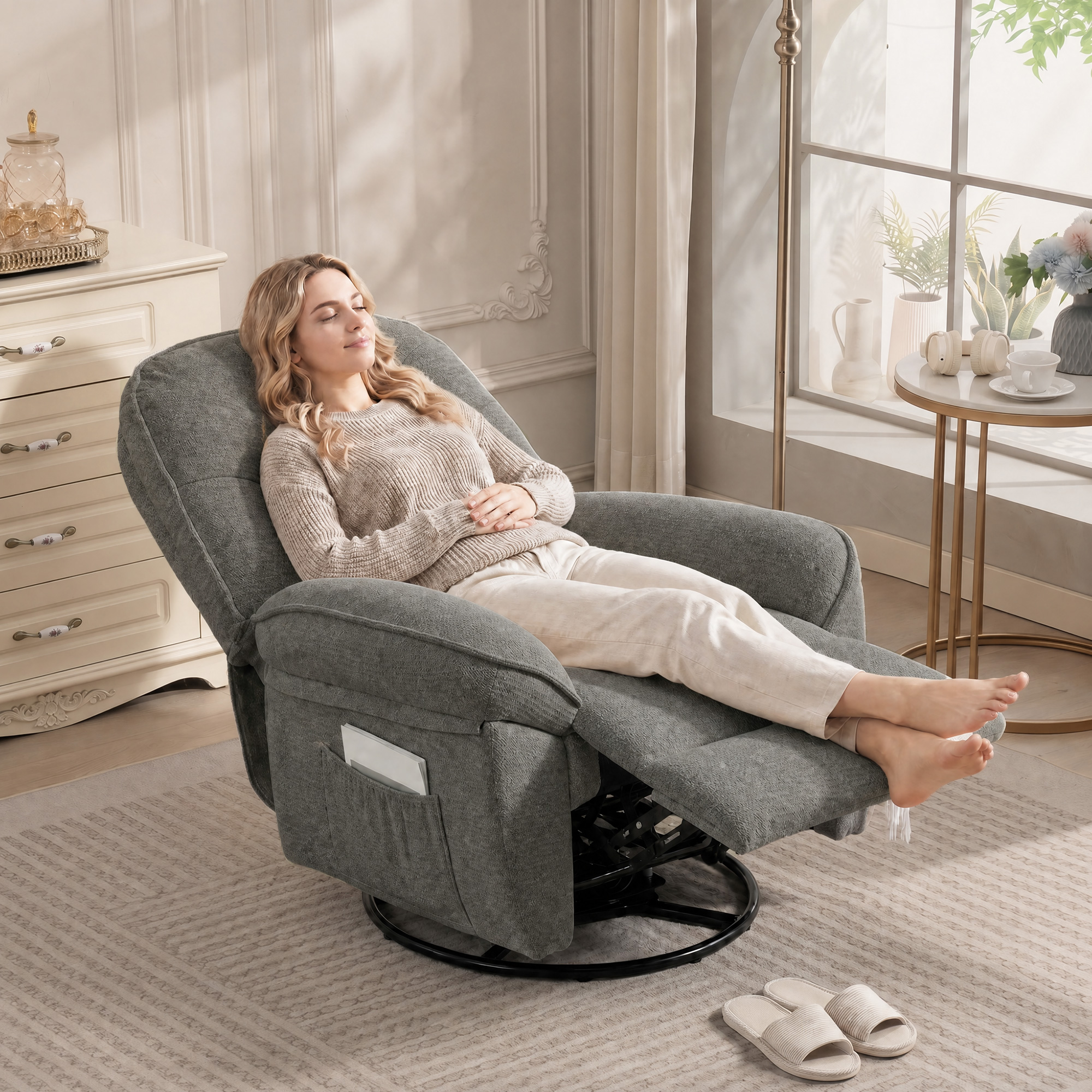 Relaxsessel Fernsehsessel mit Liegefunktion, Drehbarer Ruhesessel mit Wippfunktion, für Wohnzimmer, Schlafzimmer