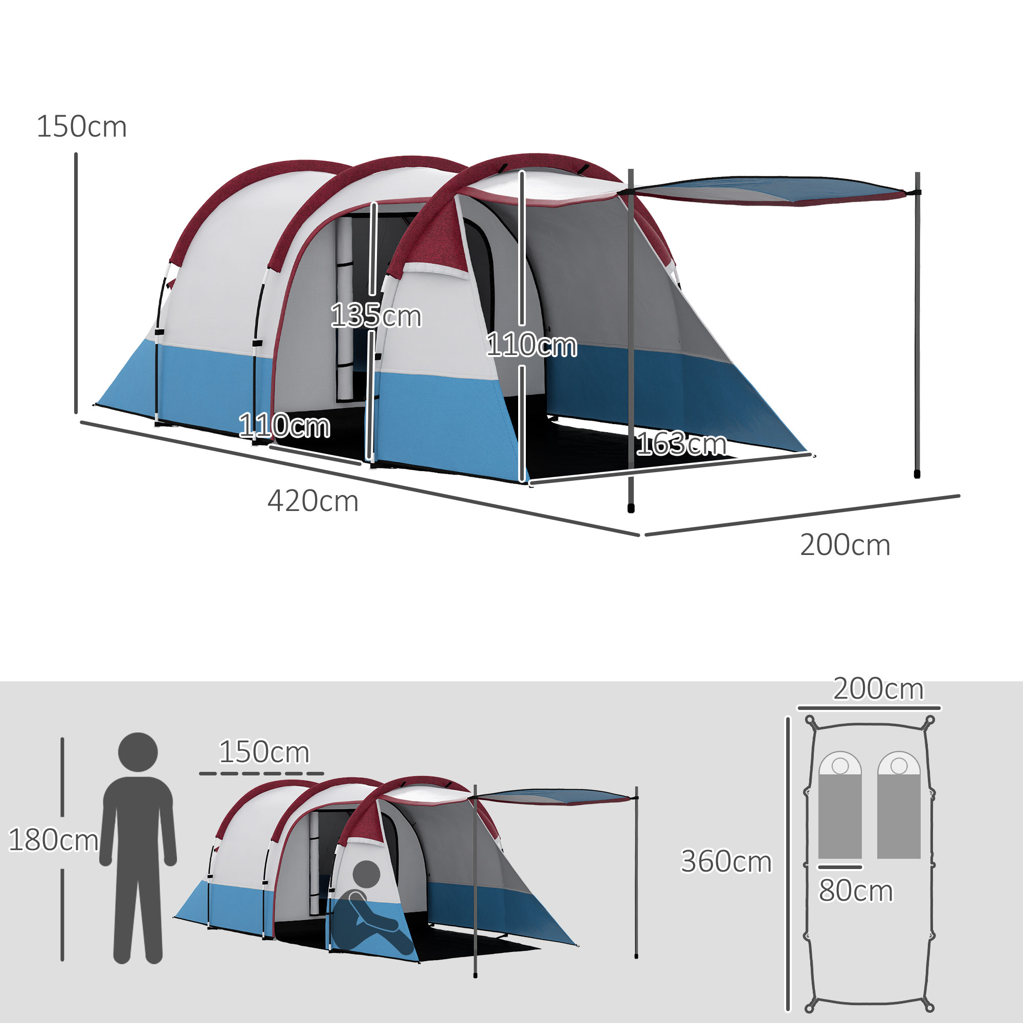 Campingzelt, für 3 Personen, Laternenhaken, drei Eingänge, wasserdicht, Rot