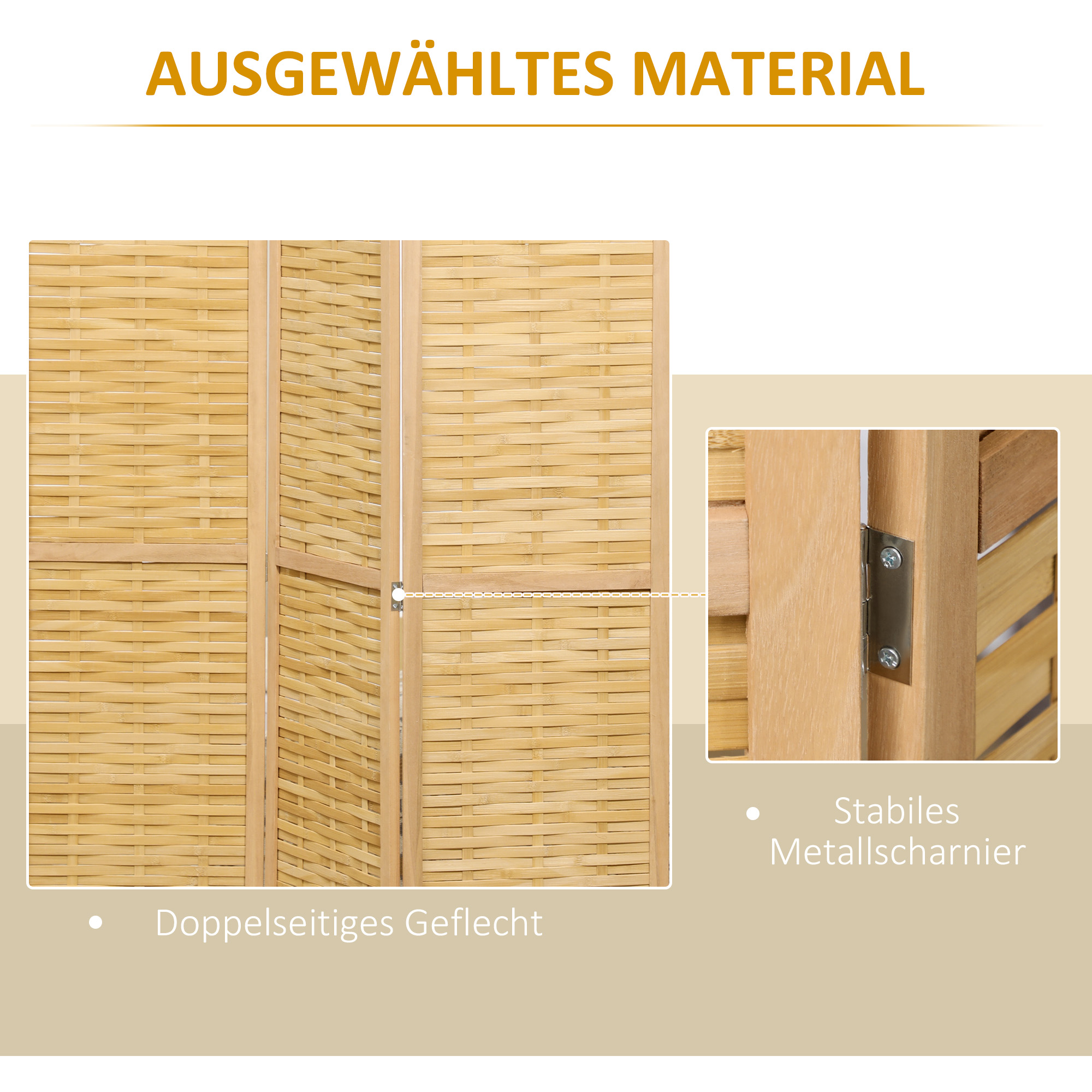 4-teiliger Raumteiler, 160 x 170 cm Faltbarer Sichtschutz aus Bambus für Wohnzimmer, Schlafzimmer, Natur