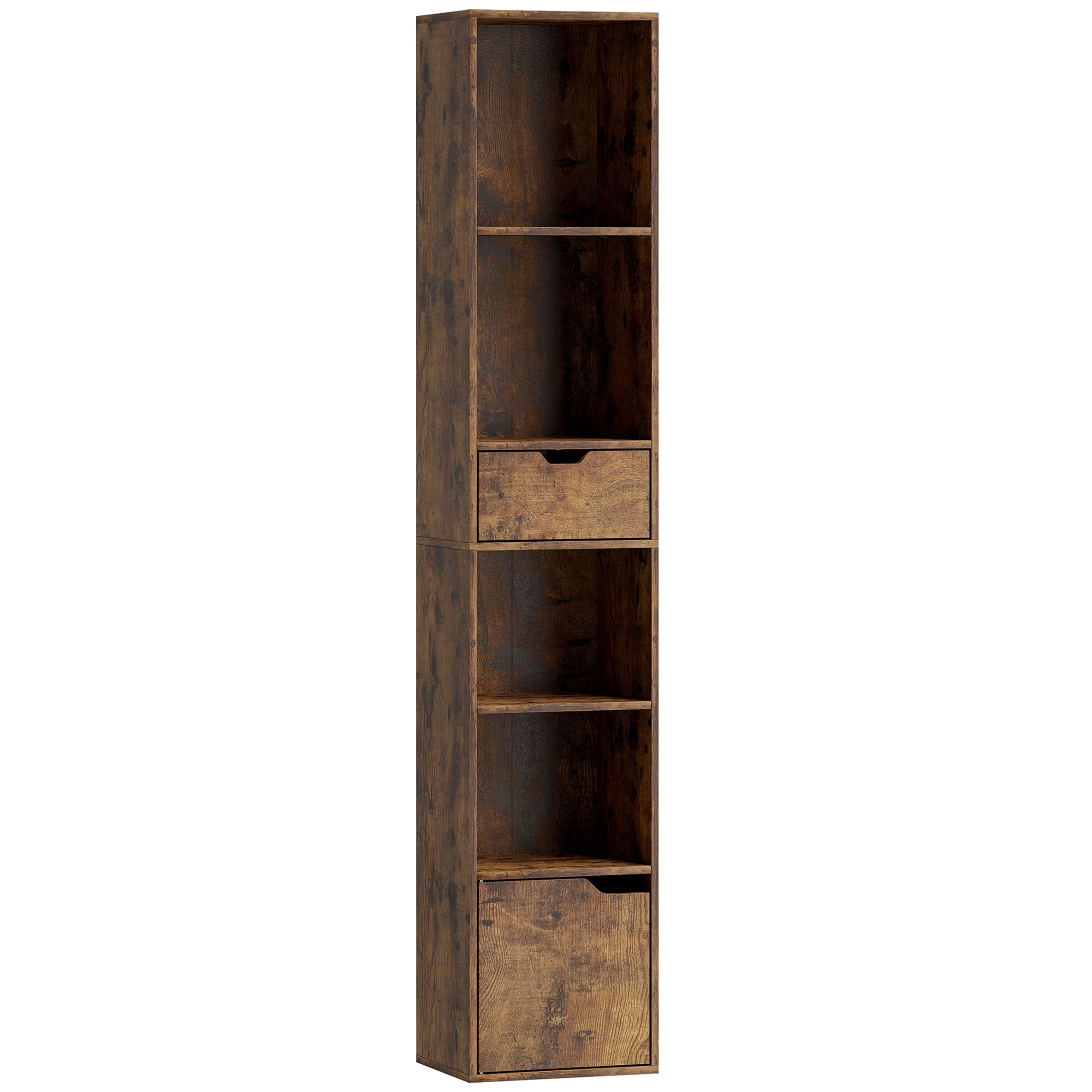 Bücherregal mit 6 Ebenen, 3-stufig verstellbar, mit Schublade, Schranktür, anpassbares Regal, Ausstellungsregal, Braun