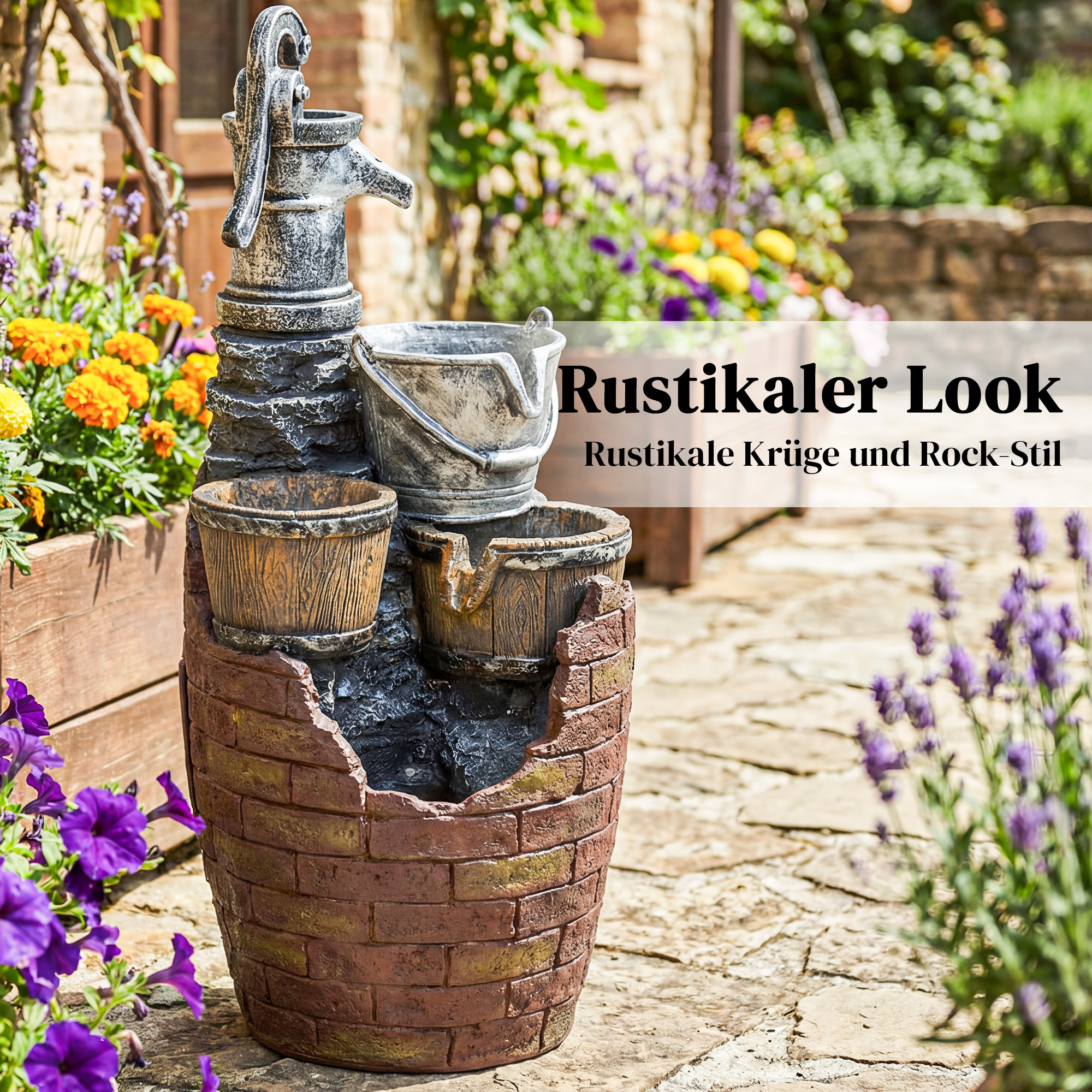 Springbrunnen 4-stufig rustikal Gartenbrunnen mit LED Beleuchtung Pflanzkübel Pumpe, Verstellbar 34 x 31 x 76 cm