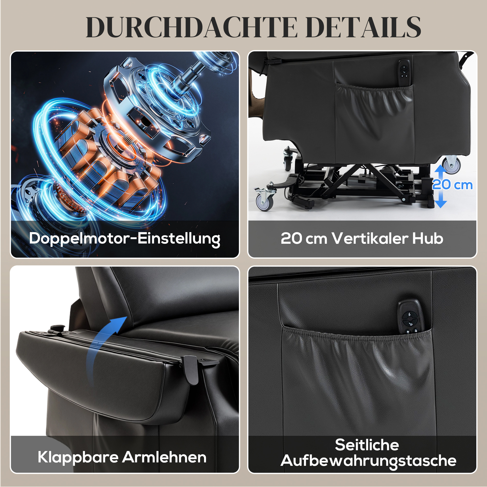 Fernsehsessel mit Aufstehhilfe Elektrischer Relaxsessel mit Fernbedienung, Fußstütze, Liegefunktion, Dunkelgrau