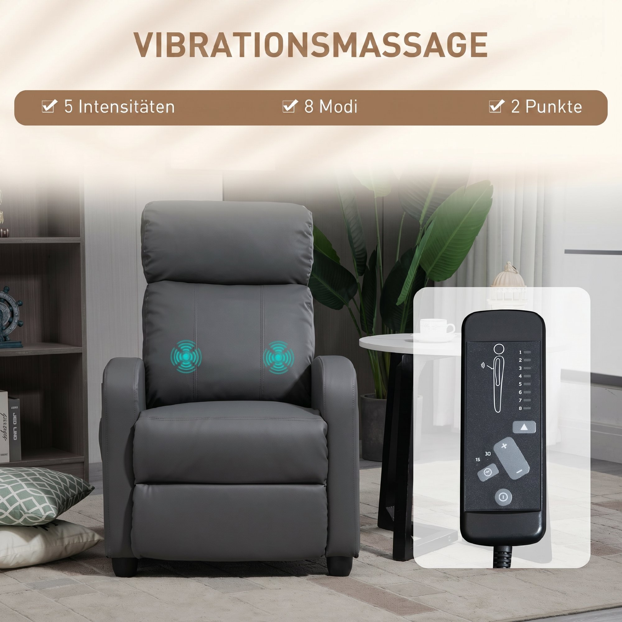 Relaxsessel Fernsehsessel mit Vibrationsmassage, Liegefunktion, 2 Massagepunkte, Fernbedienung, 68 x 88 x 98 cm Grau