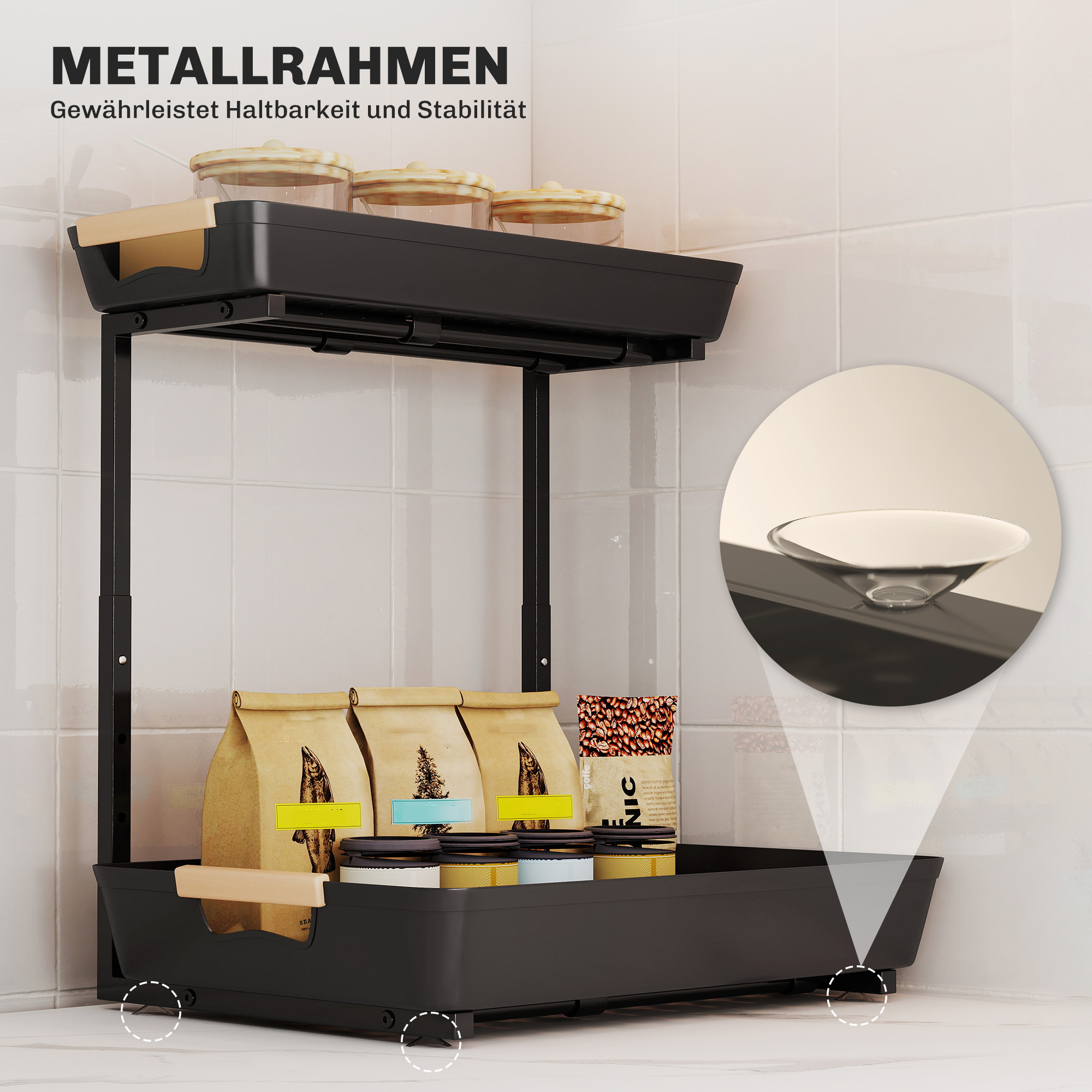 Küchenregal, Höhenverstellbar Standregal mit 2 Körbe, Kaffeebar 40 x 30 x 33,5-42 cm