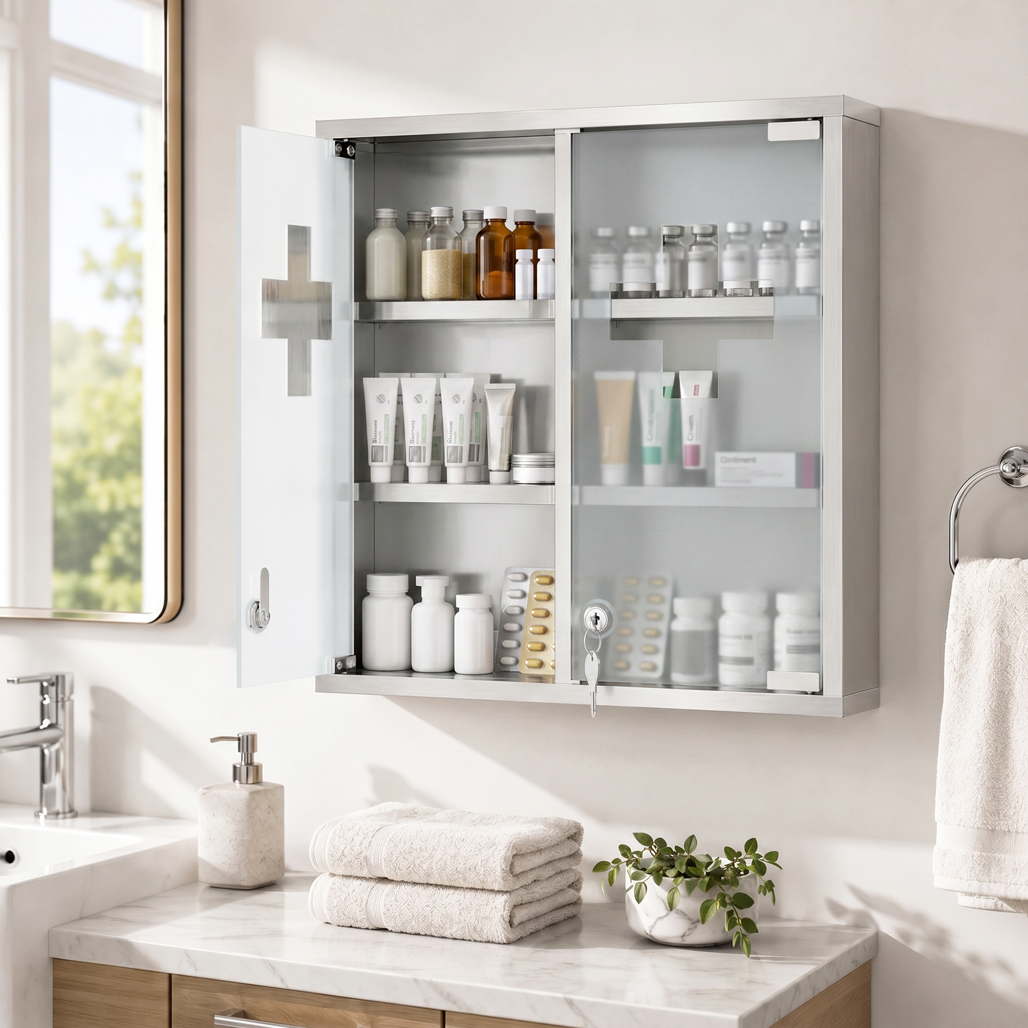 Medizinschrank, Abschließbarer Medikamentenschrank mit 2 Schlüsseln, Glastür und 6 Regalen, 48 x 46 x 12 cm, Silber