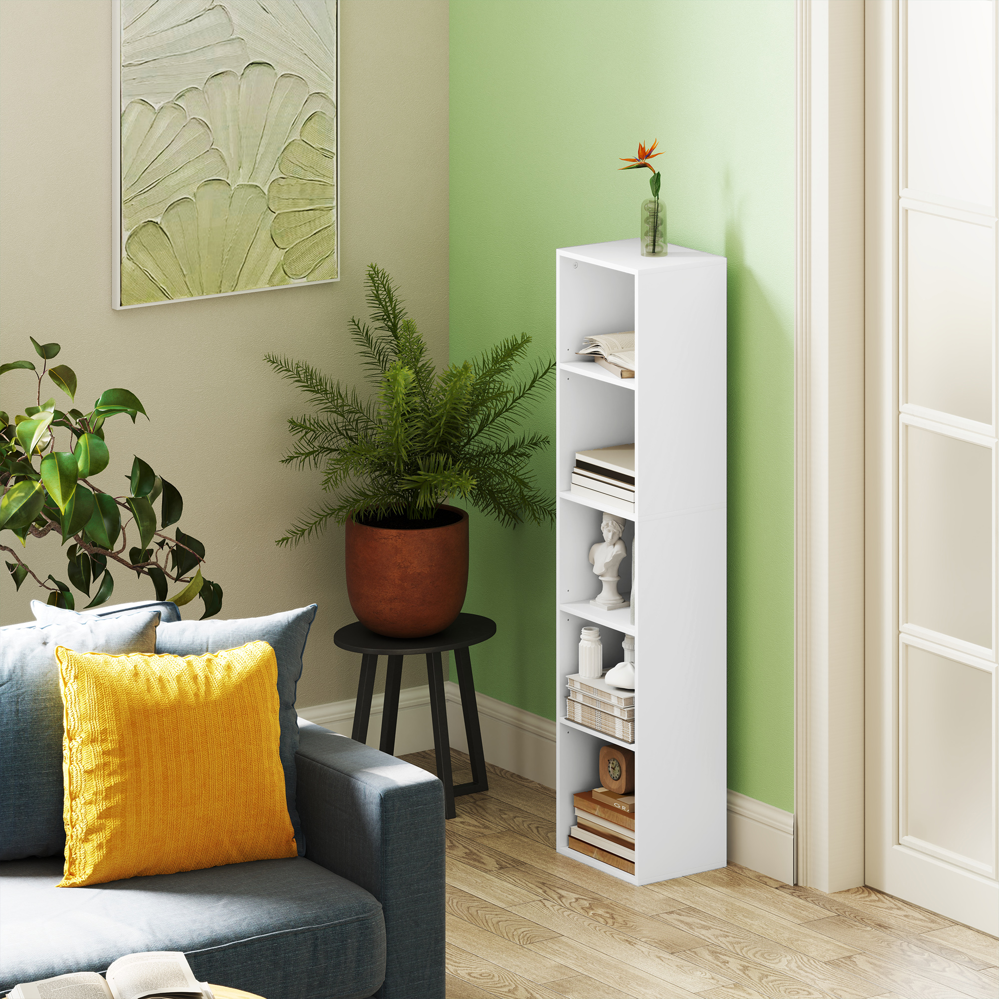 Bücherregal, 5 Fächer, verstellbare Regale, Holz, 30 x 24 x 133,5 cm, Weiß