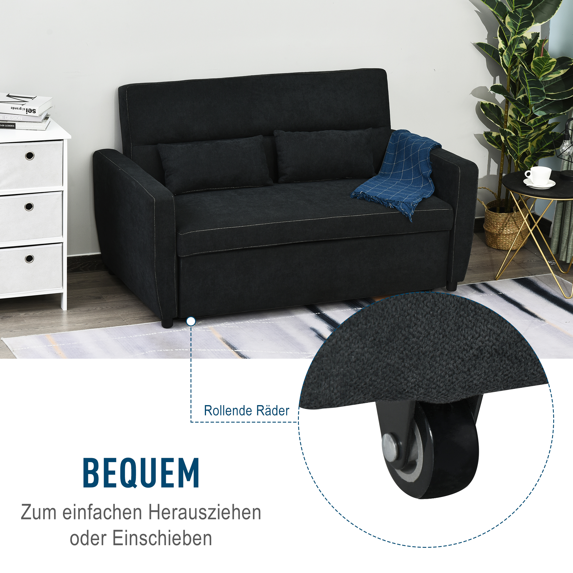 2-Sitzer Sofa mit Bettfunktion, verstellbarer Rückenlehne, Polstersofa, Samtoptik, für Wohnzimmer, Schlafzimmer, Schwarz