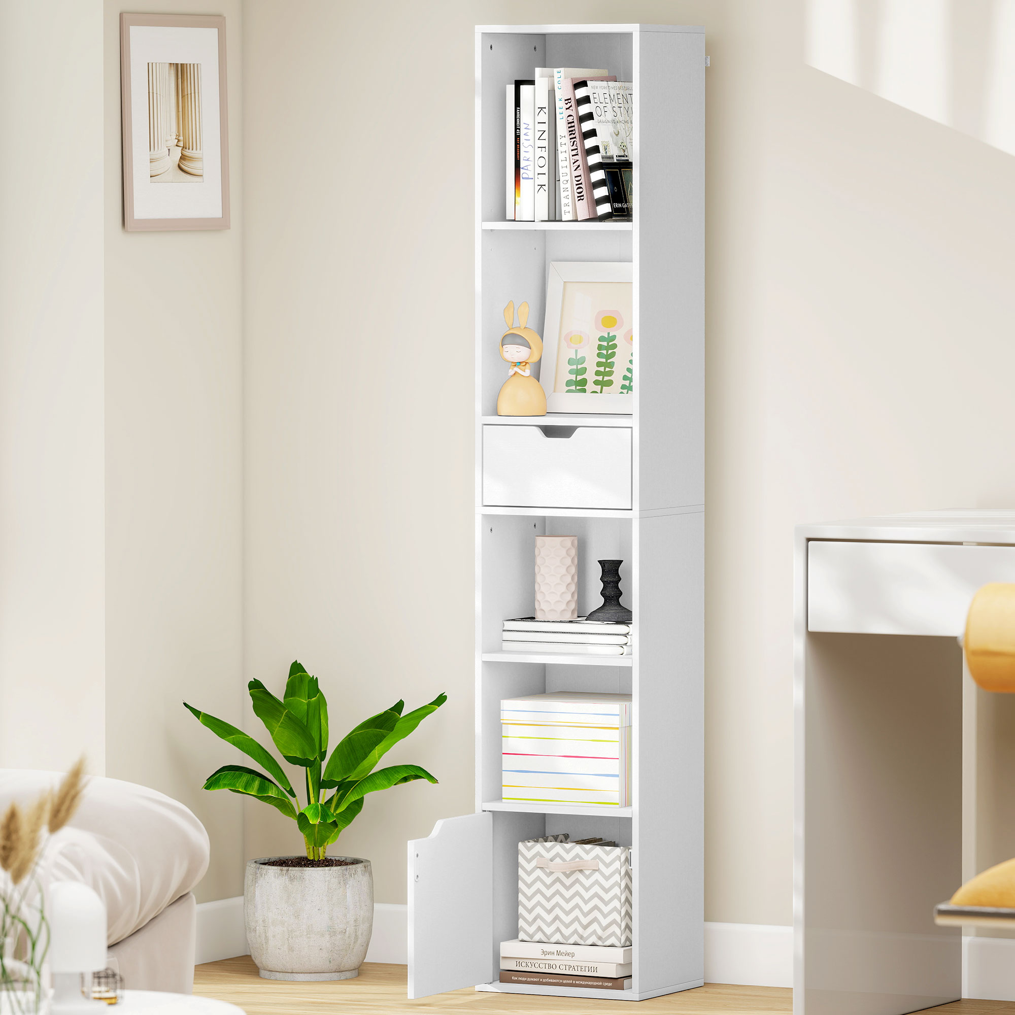 Bücherregal mit 6 Ebenen, 3-stufig verstellbar, mit Schublade, Schranktür, anpassbares Regal, Ausstellungsregal, Weiß
