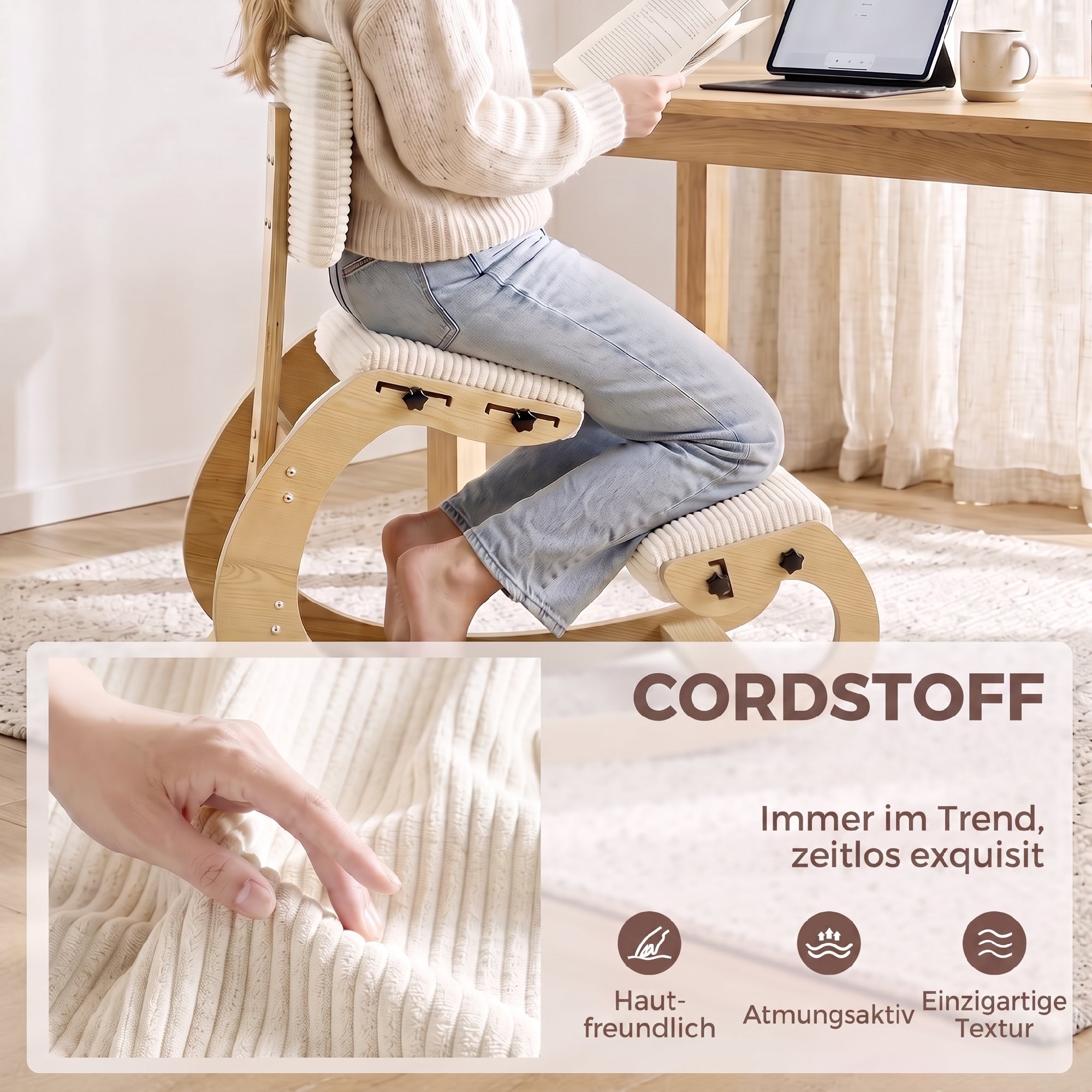 Ergonomischer Kniestuhl, Kniehocker mit Rückenlehne, Cord-Optik, Bürostuhl für Zuhause, Büro, Meditation, Cremeweiß