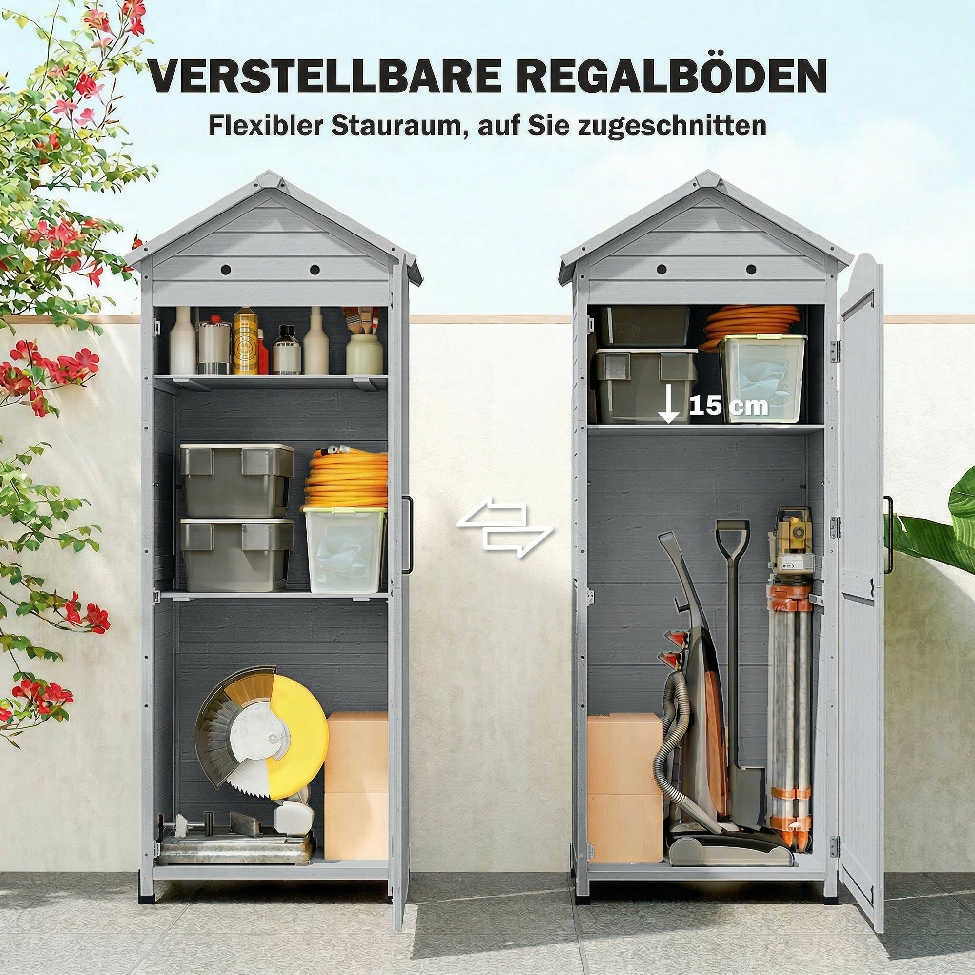 Gartenschrank Holz extra hohe Geräteschuppen mit verstellbar Ablage magnetisch Tür galvanisiert Dach Belüftung
