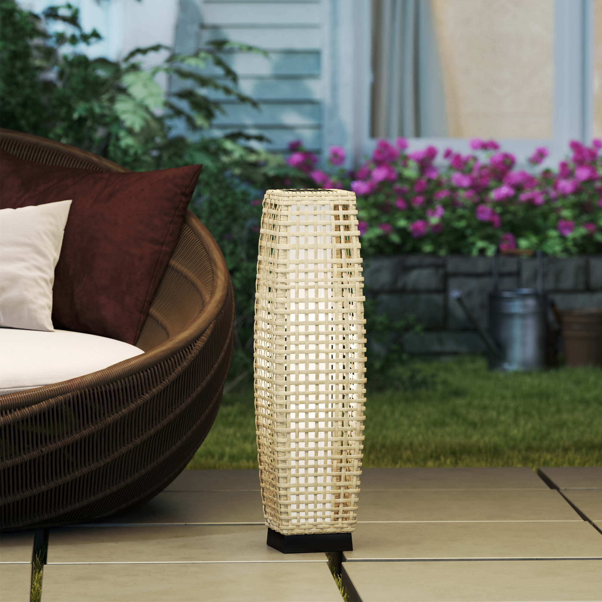 Solar Stehlampe Rattan Solarlampen mit Lichtsensor Automatische LED Solarleuchte im Boho-Stil IP44 Wasserdicht