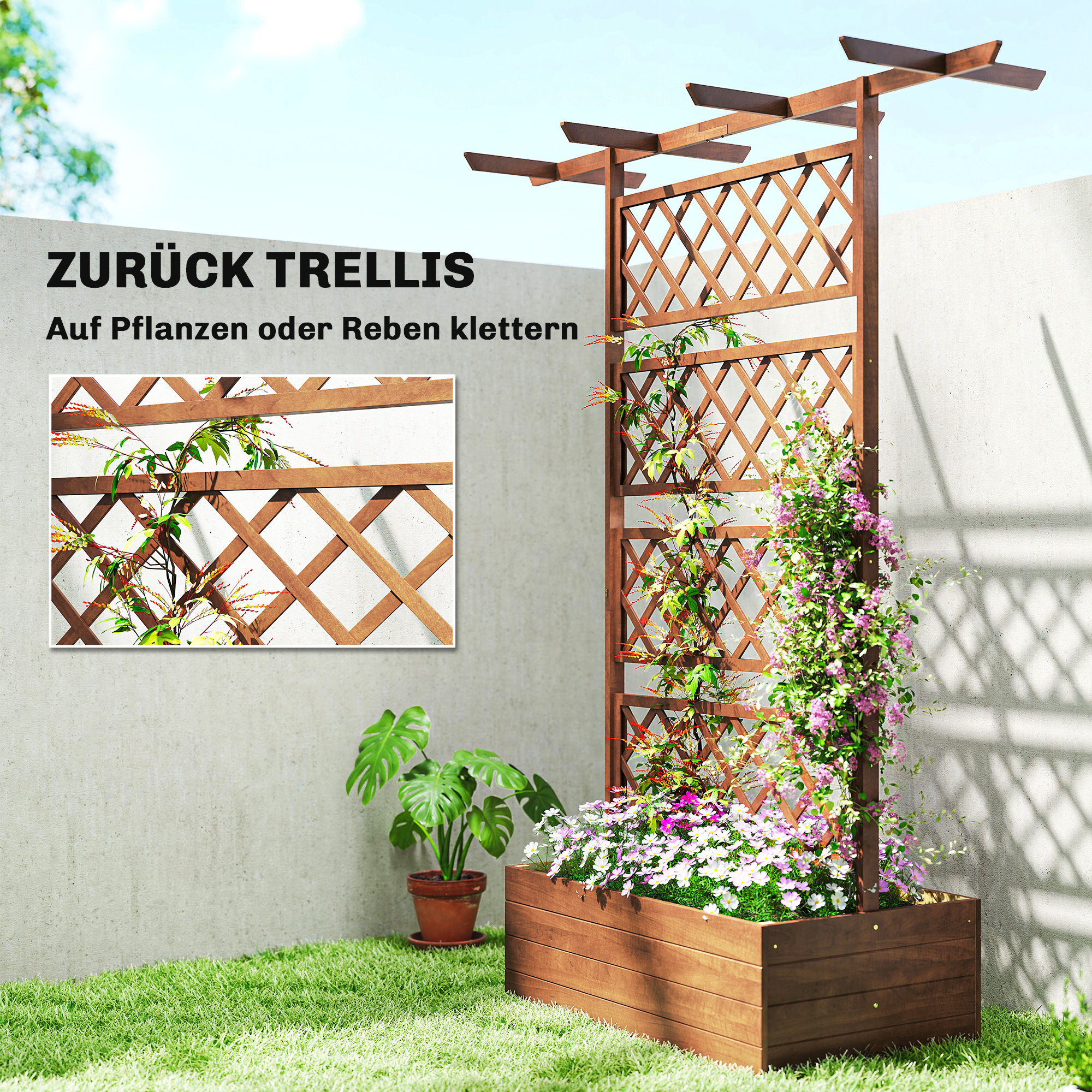 Pflanzkasten mit Rankengitter, Eckige Pflanzenbox aus Holz mit Rückenspalier für Kletterpflanzen und Dach